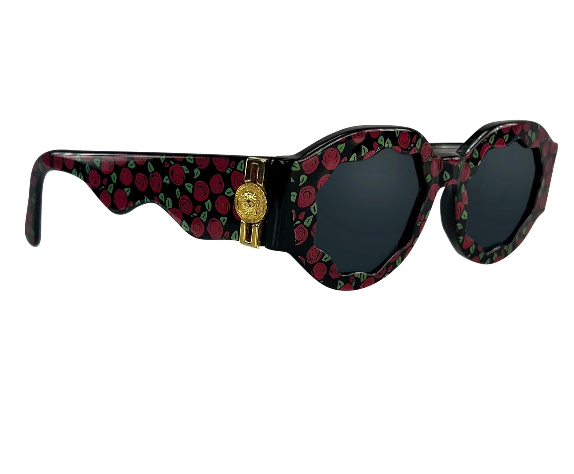 1990s Gianni Versace Wavy Frame Rose Print Medusa Logo Chunky Sunglassess - RealList