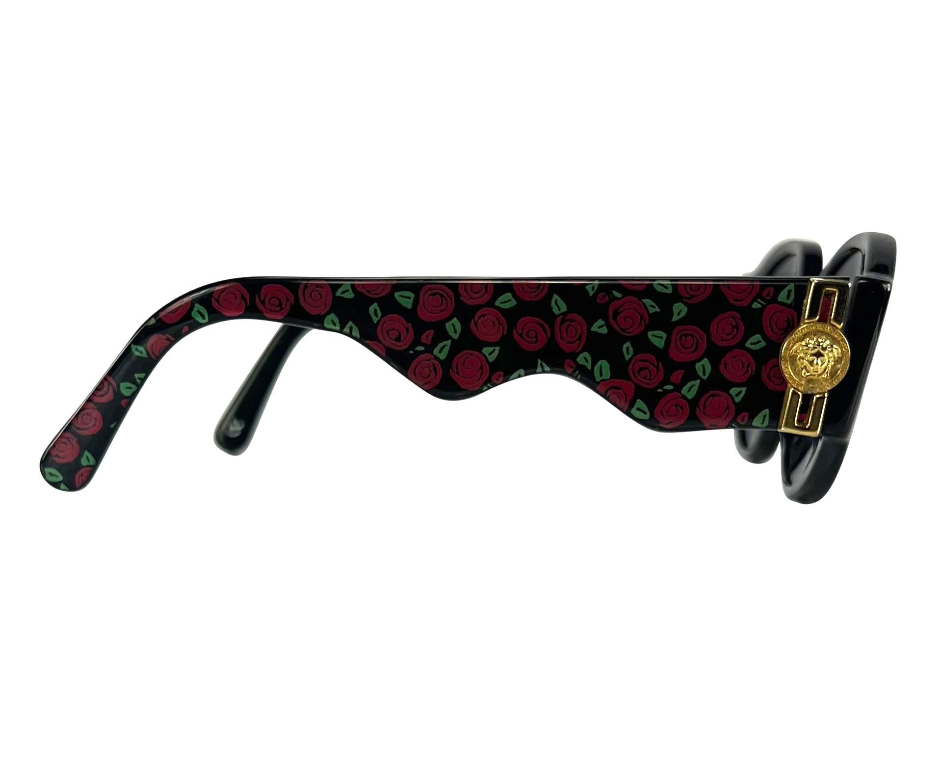 1990s Gianni Versace Wavy Frame Rose Print Medusa Logo Chunky Sunglassess - RealList