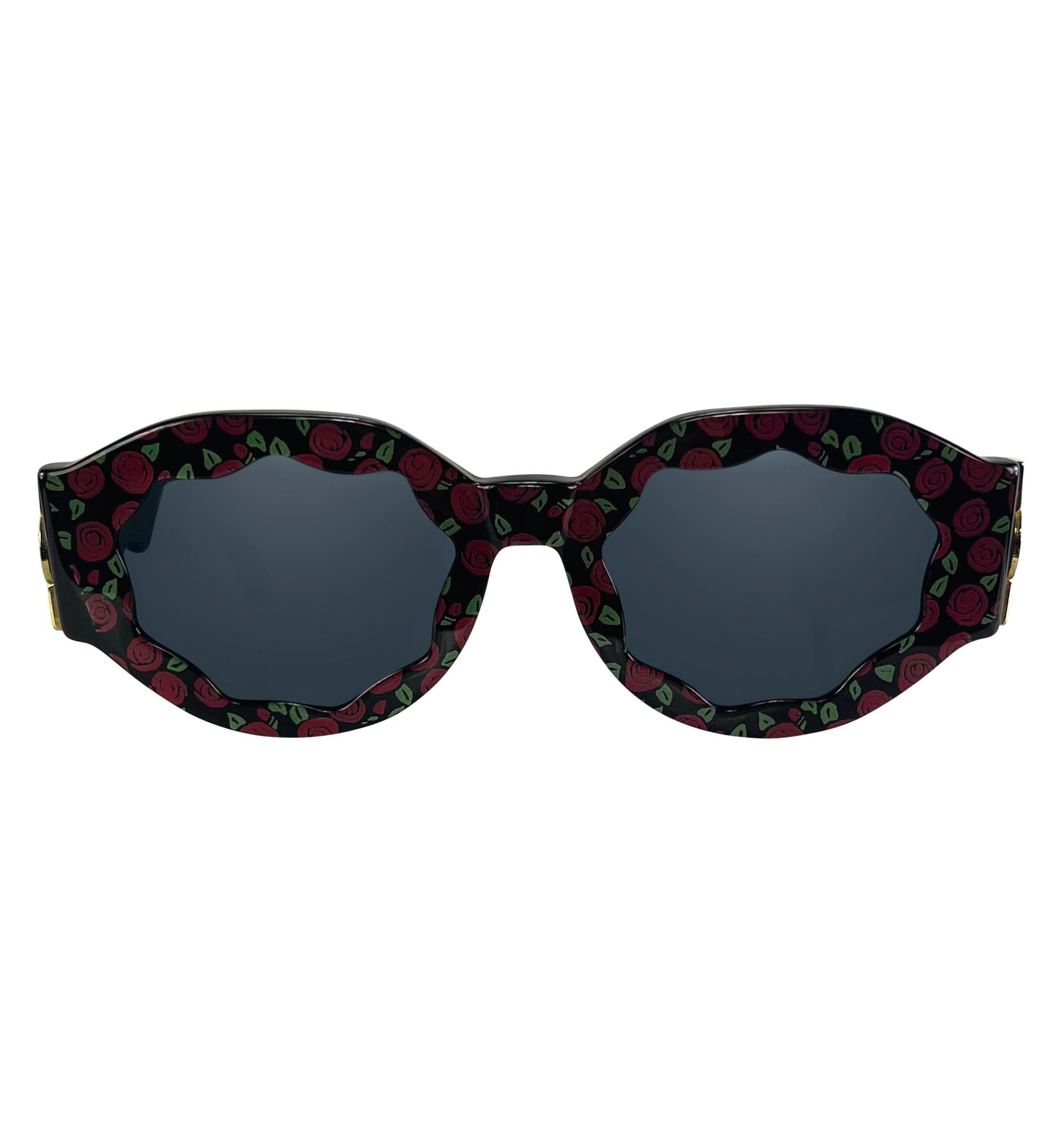 1990s Gianni Versace Wavy Frame Rose Print Medusa Logo Chunky Sunglassess - RealList