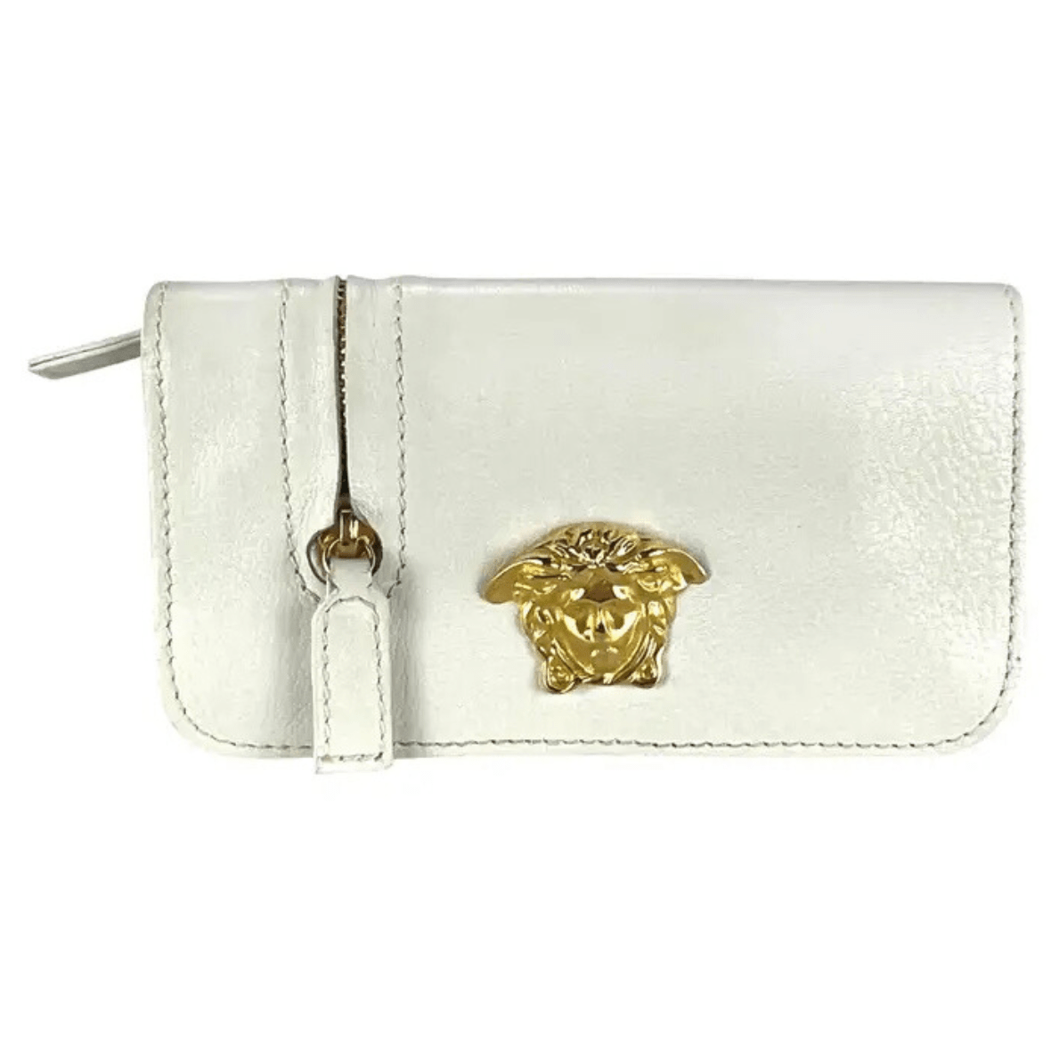 1990s Gianni Versace White Leather Gold Medusa Mini Flap Belt Bag Pouch - RealList