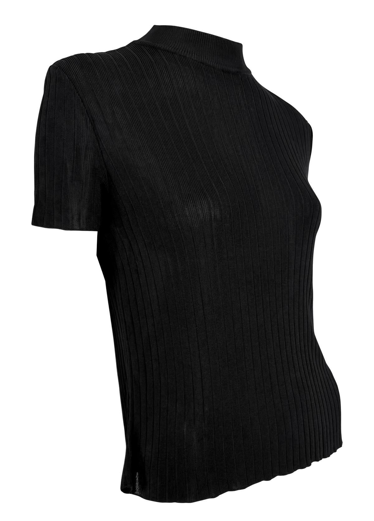 1990s Gucci by Tom Ford Sheer Black Ribbed Mock Neck T-Shirt Top - RealList
