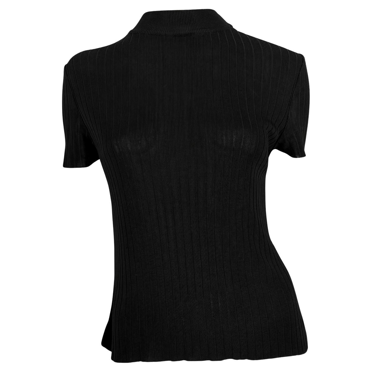 1990s Gucci by Tom Ford Sheer Black Ribbed Mock Neck T-Shirt Top - RealList