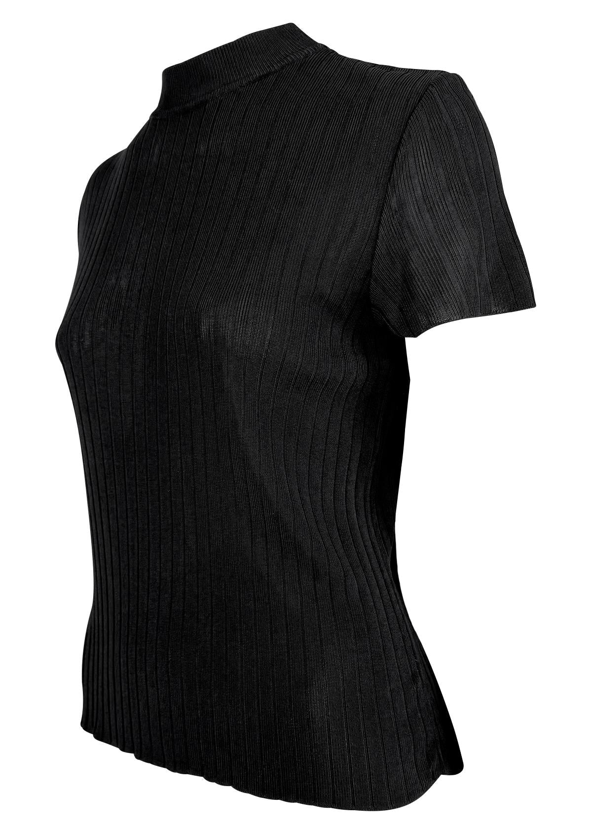 1990s Gucci by Tom Ford Sheer Black Ribbed Mock Neck T-Shirt Top - RealList