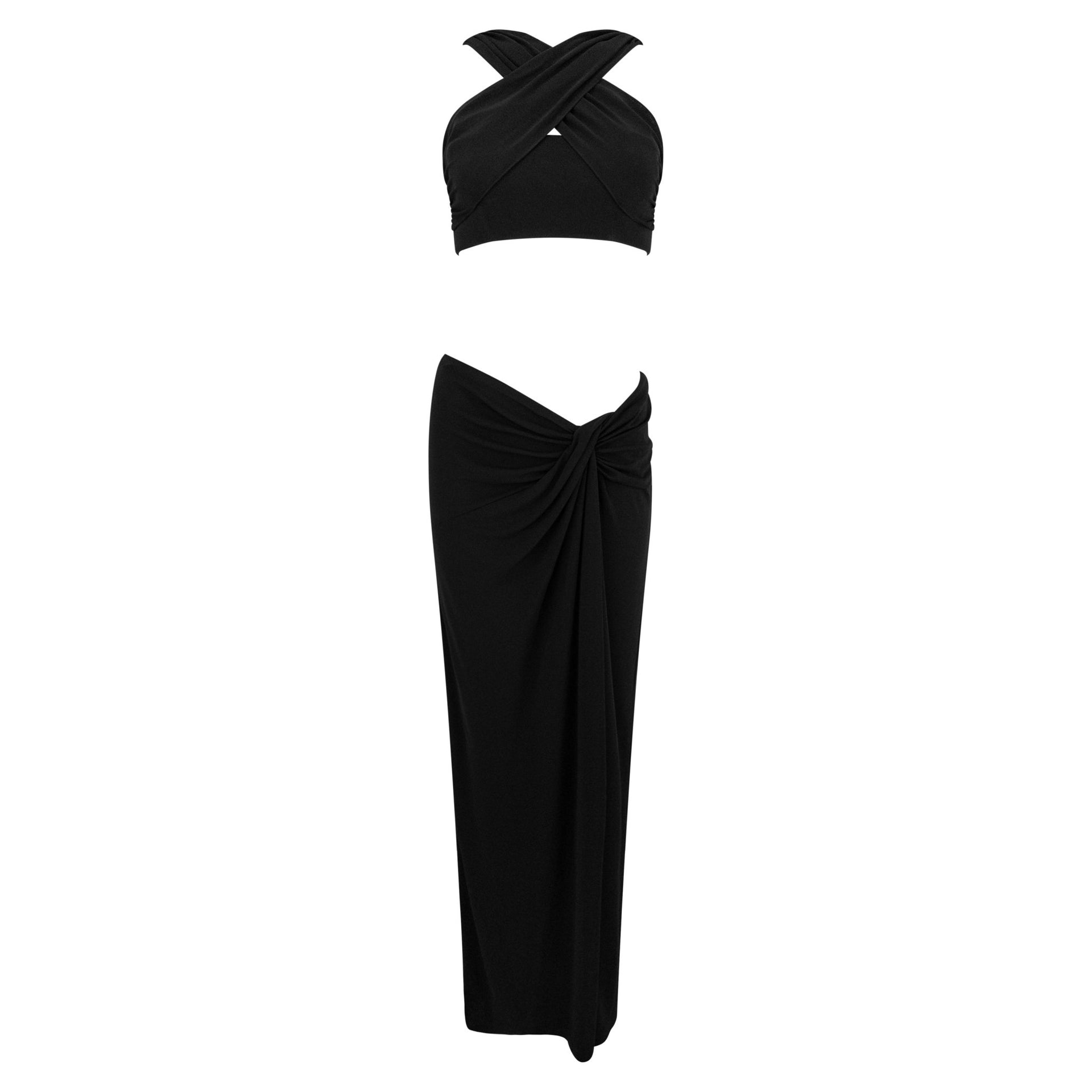 1990s Herve Leger Black Bodycon Crop Top Low-Rise Maxi Skirt Set - RealList