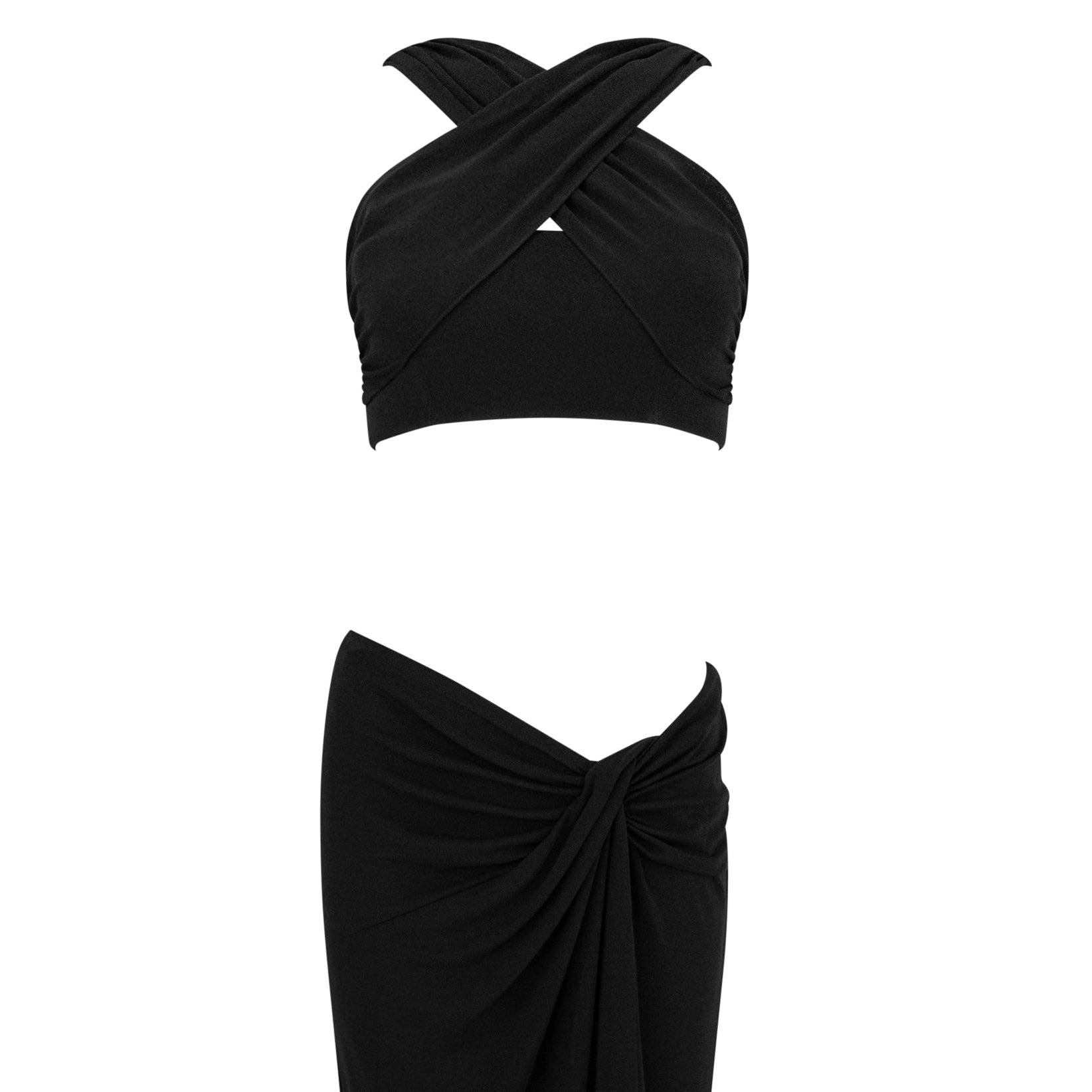 1990s Herve Leger Black Bodycon Crop Top Low-Rise Maxi Skirt Set - RealList