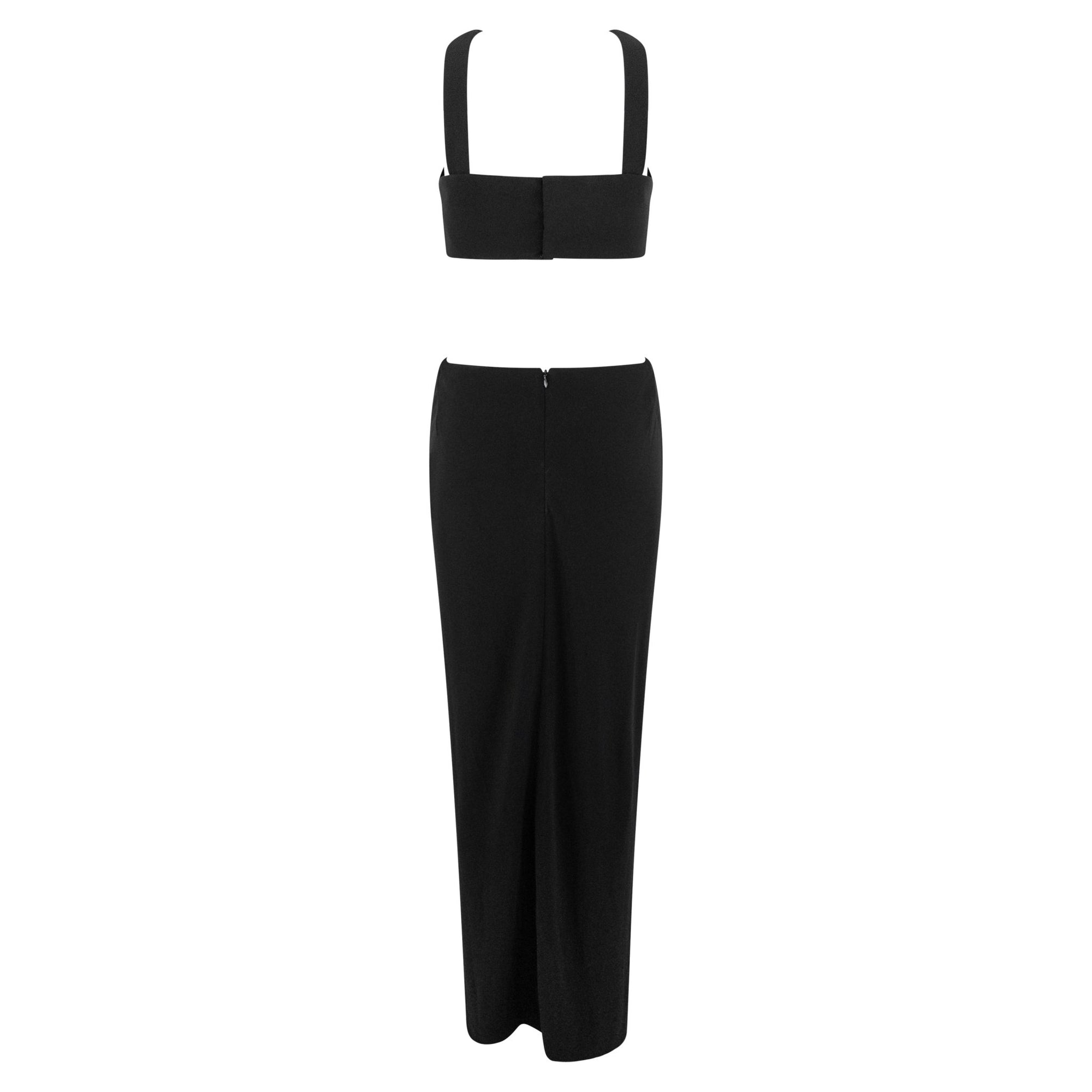 1990s Herve Leger Black Bodycon Crop Top Low-Rise Maxi Skirt Set - RealList