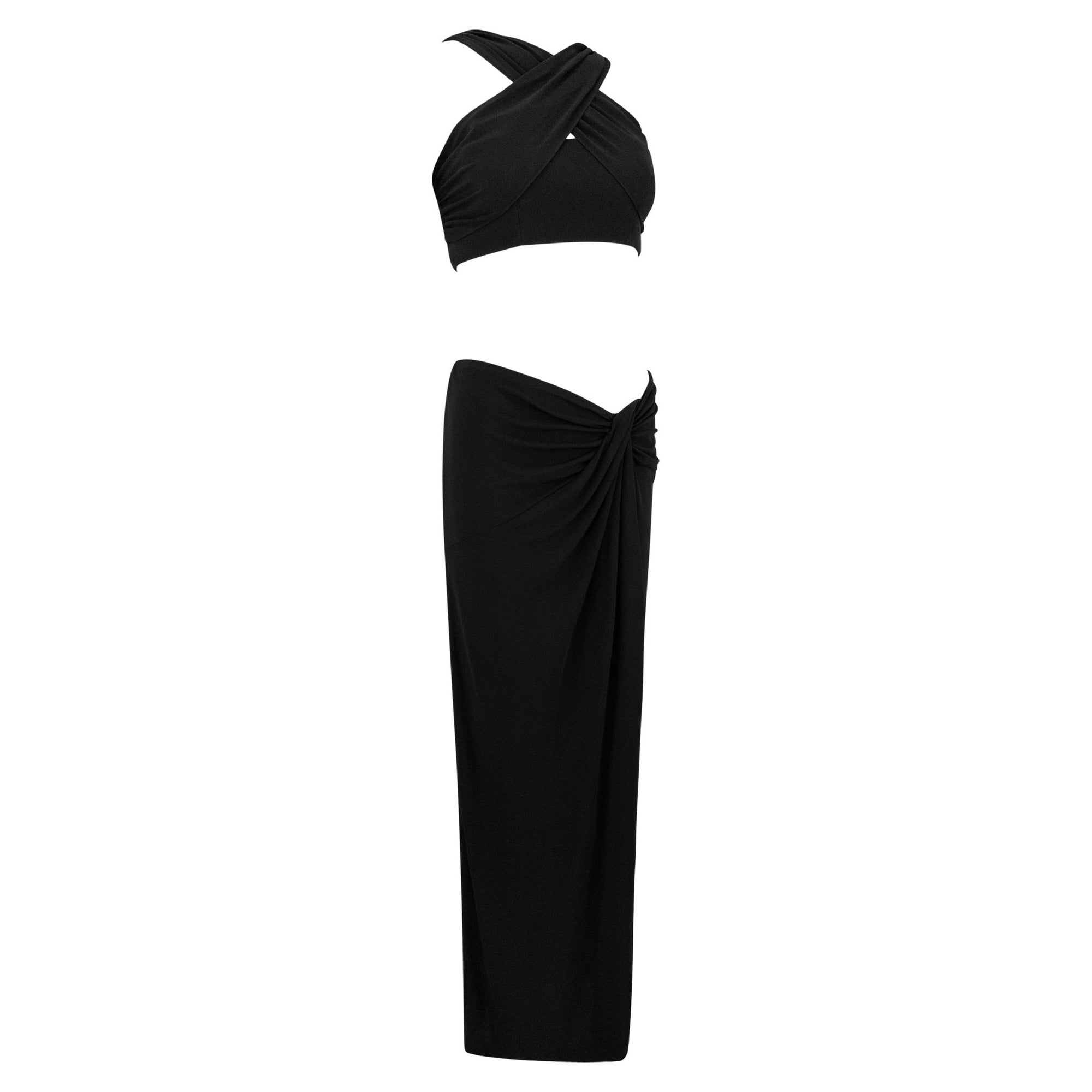 1990s Herve Leger Black Bodycon Crop Top Low-Rise Maxi Skirt Set - RealList