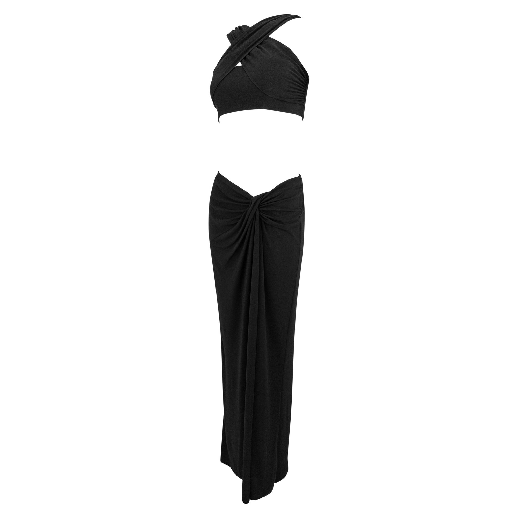1990s Herve Leger Black Bodycon Crop Top Low-Rise Maxi Skirt Set - RealList