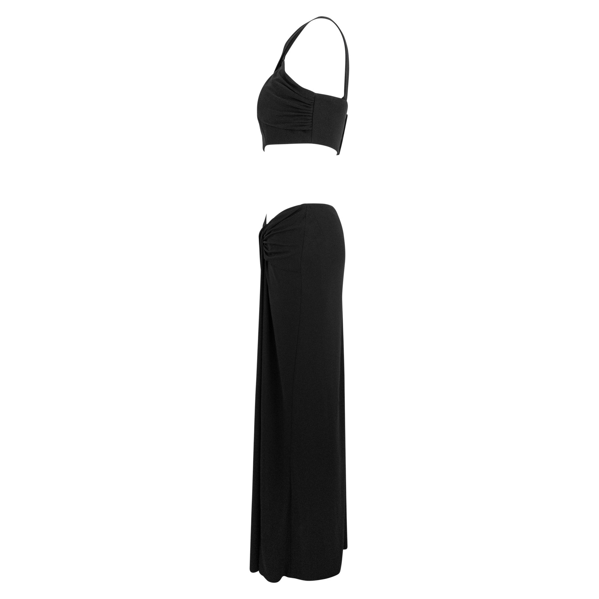 1990s Herve Leger Black Bodycon Crop Top Low-Rise Maxi Skirt Set - RealList