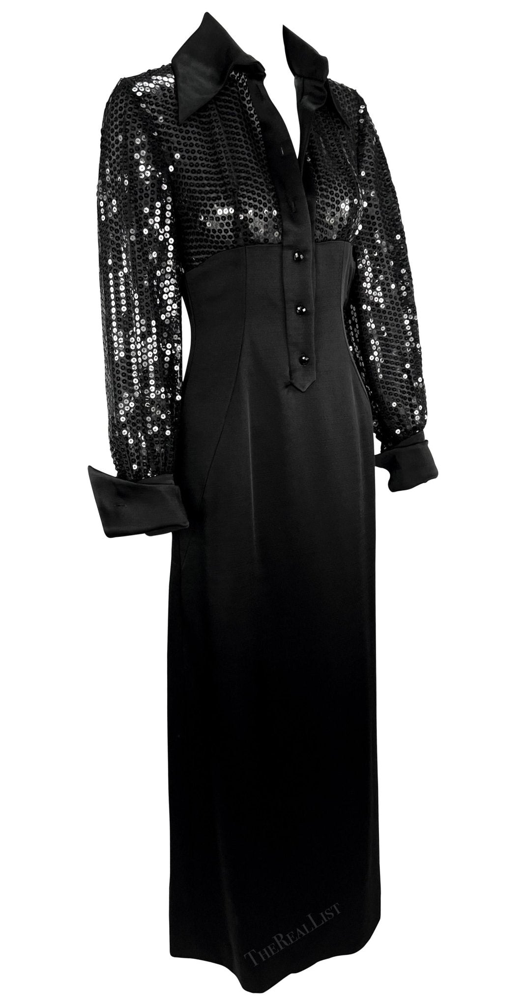 1990s Jacques Fath Sheer Black Sequin Plunging Satin French Cuff Collared Gown - RealList