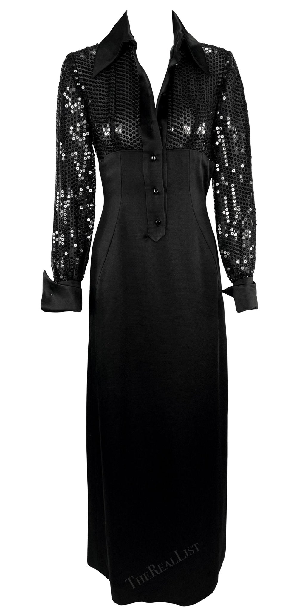 1990s Jacques Fath Sheer Black Sequin Plunging Satin French Cuff Collared Gown - RealList