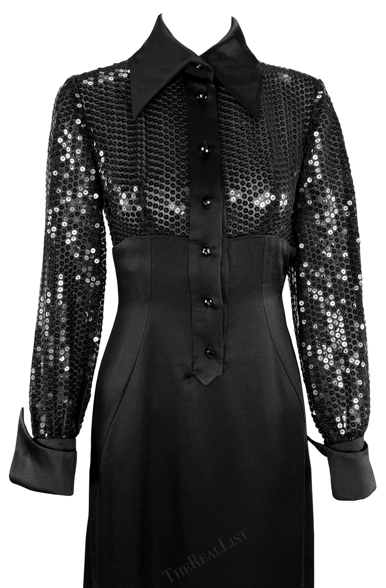 1990s Jacques Fath Sheer Black Sequin Plunging Satin French Cuff Collared Gown - RealList