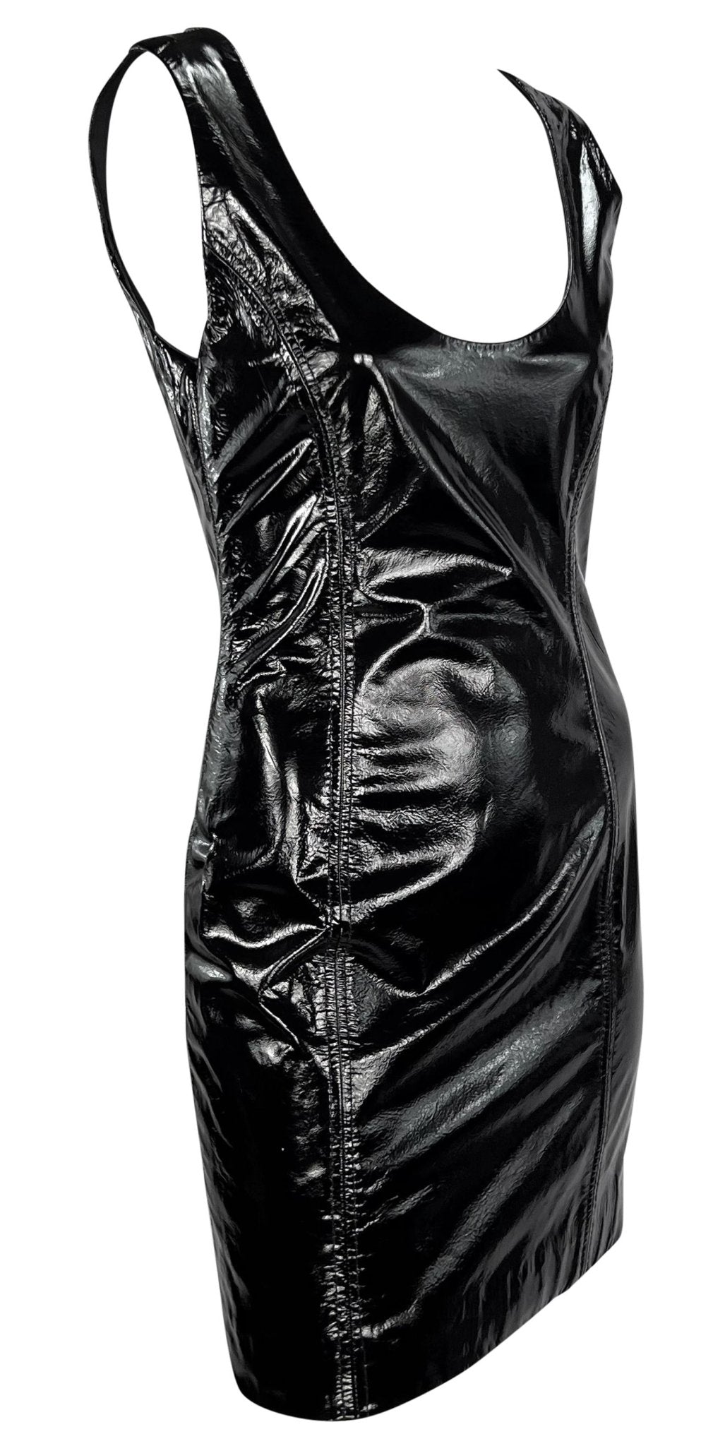 1990s James Galanos Couture Black Patent Leather Sleeveless Mini Dress - RealList