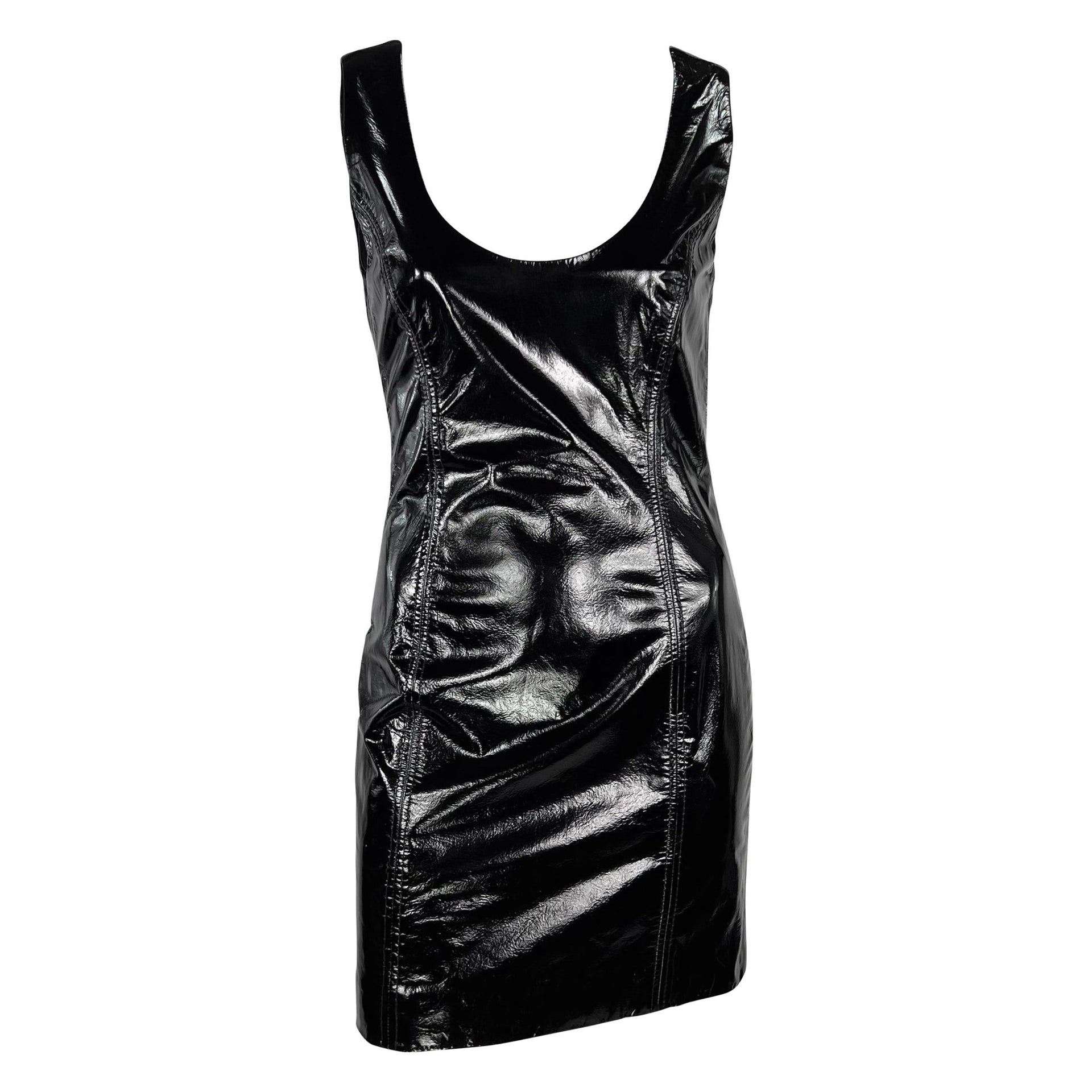1990s James Galanos Couture Black Patent Leather Sleeveless Mini Dress - RealList