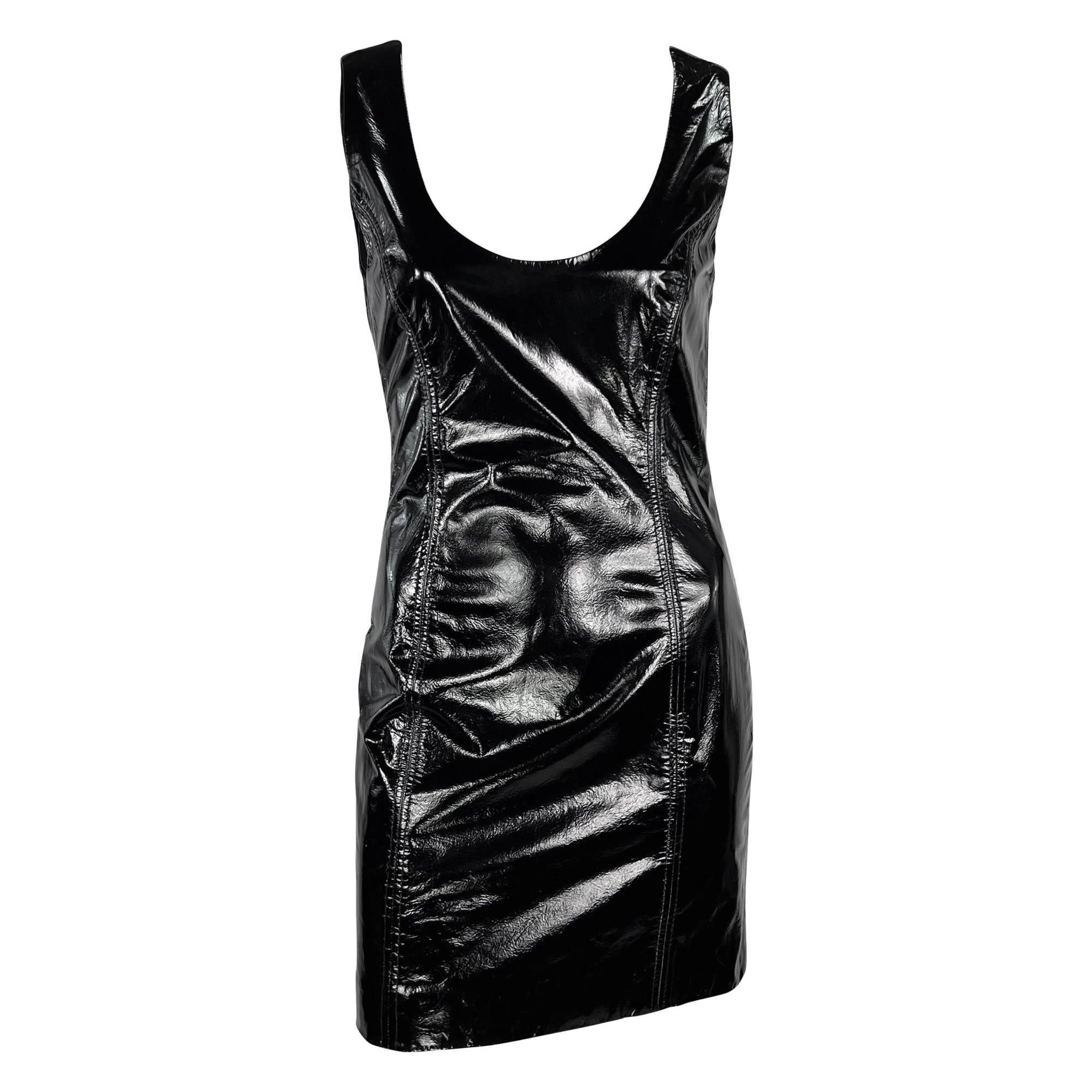 1990s James Galanos Couture Black Patent Leather Sleeveless Mini Dress - RealList