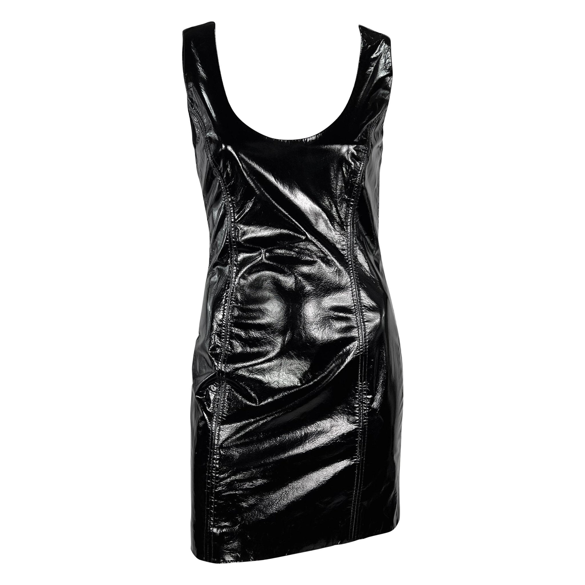 1990s James Galanos Couture Black Patent Leather Sleeveless Mini Dress - RealList