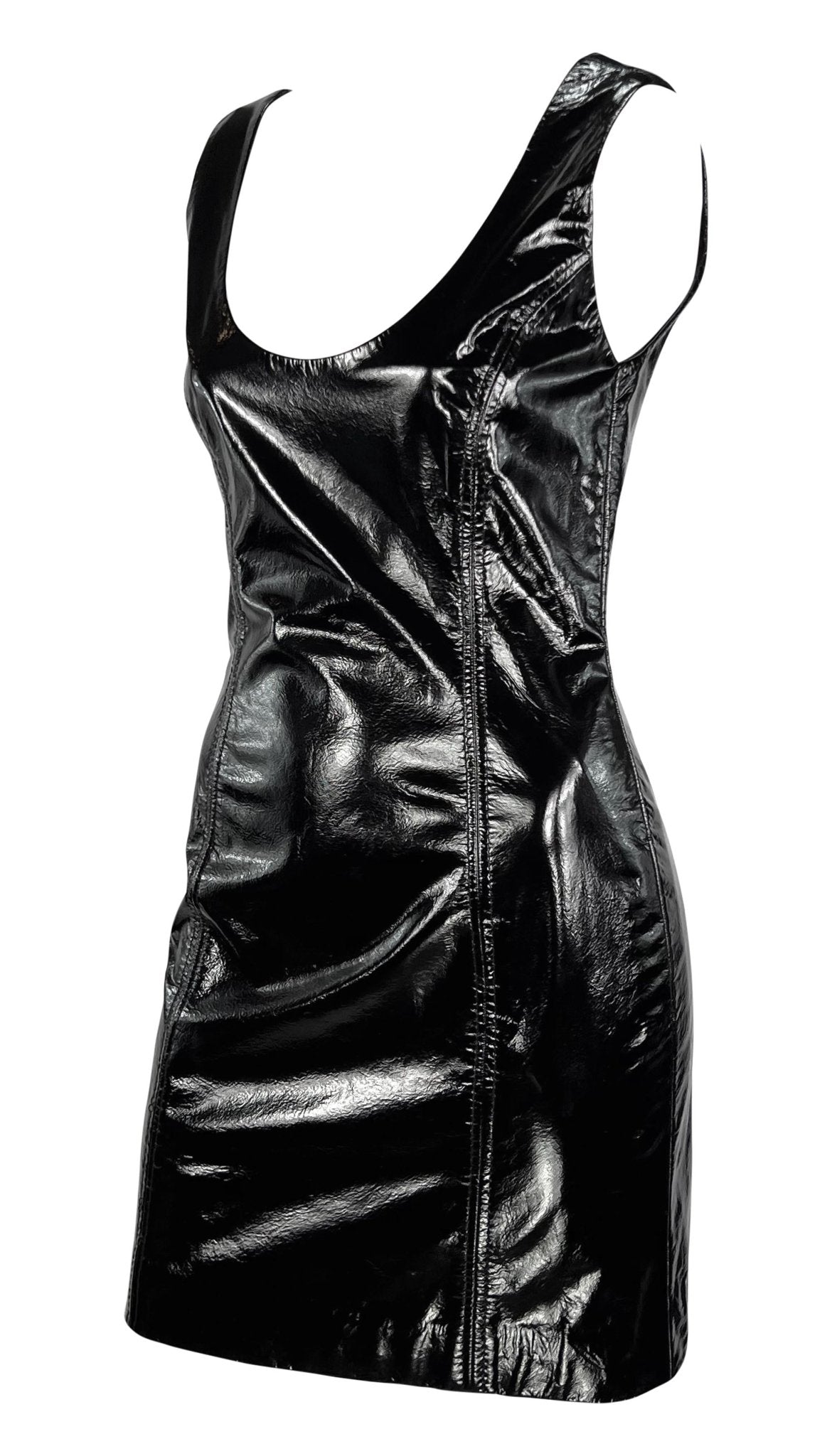 1990s James Galanos Couture Black Patent Leather Sleeveless Mini Dress - RealList