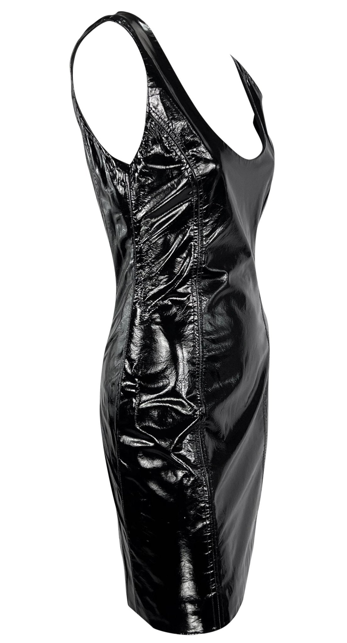 1990s James Galanos Couture Black Patent Leather Sleeveless Mini Dress - RealList