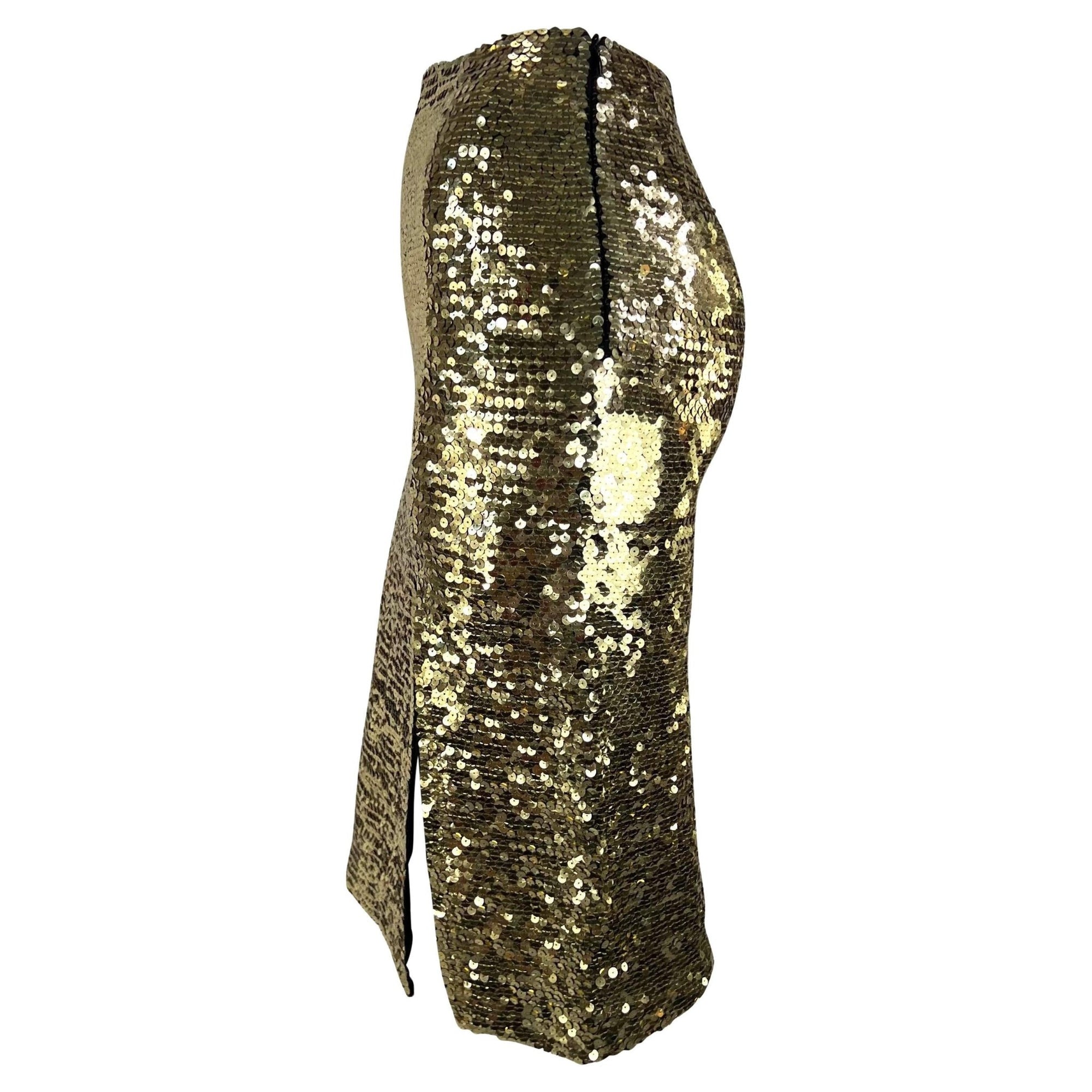 1990s John Galliano Gold Sequin Slit Bodycon Pencil Skirt - RealList