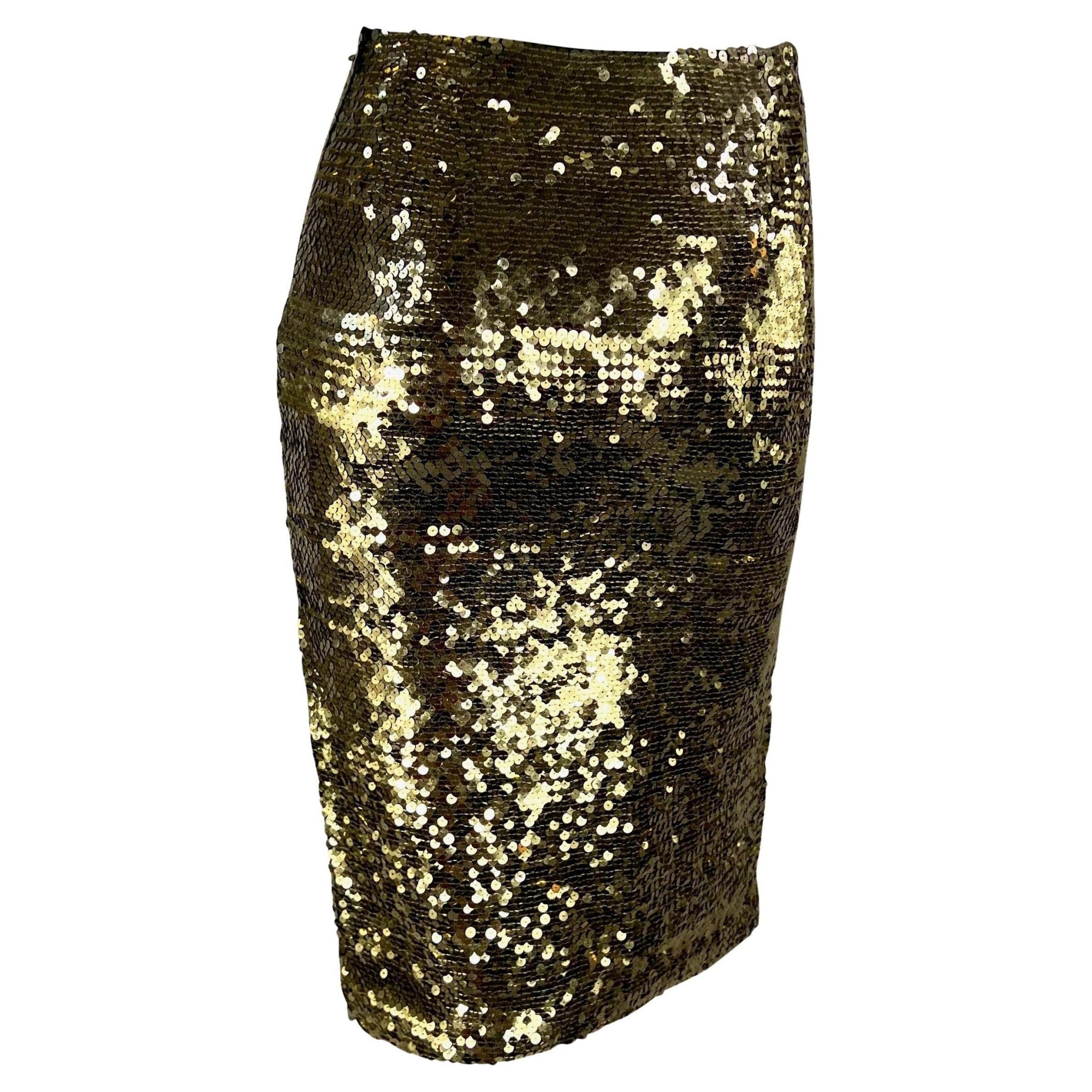 1990s John Galliano Gold Sequin Slit Bodycon Pencil Skirt - RealList