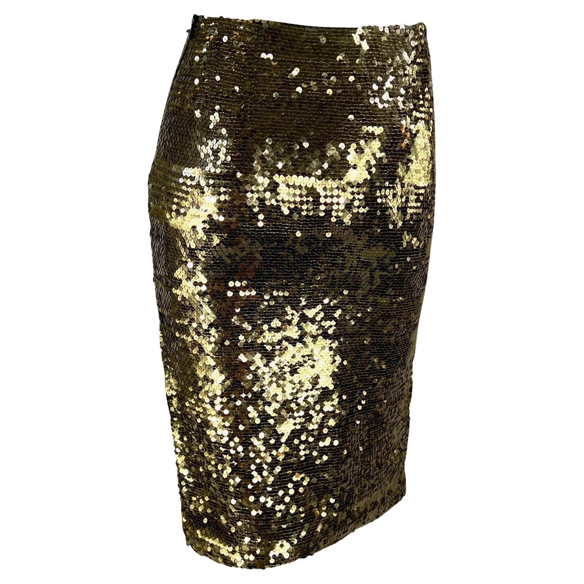 1990s John Galliano Gold Sequin Slit Bodycon Pencil Skirt - RealList