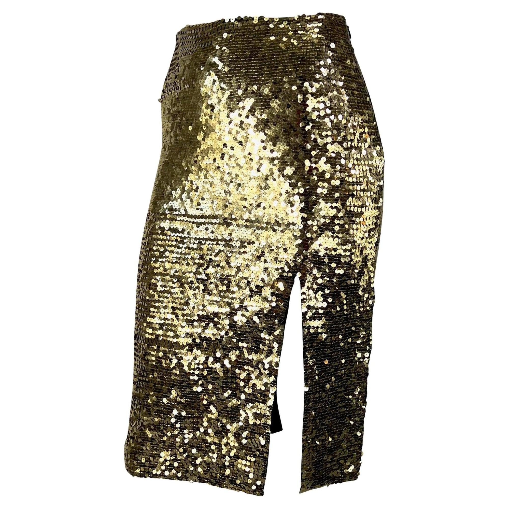 1990s John Galliano Gold Sequin Slit Bodycon Pencil Skirt - RealList