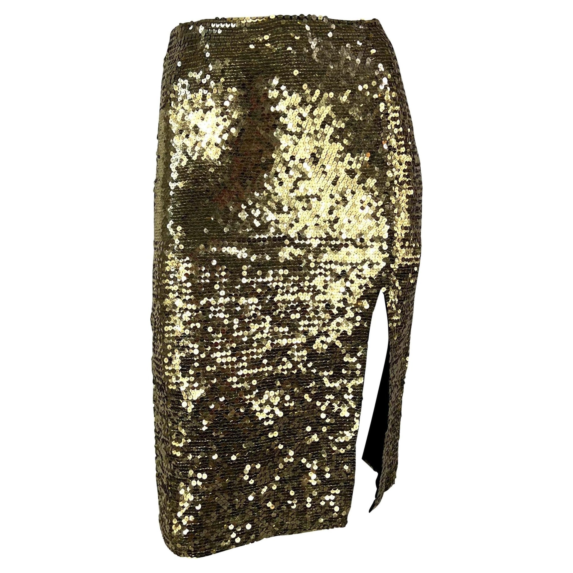 1990s John Galliano Gold Sequin Slit Bodycon Pencil Skirt - RealList