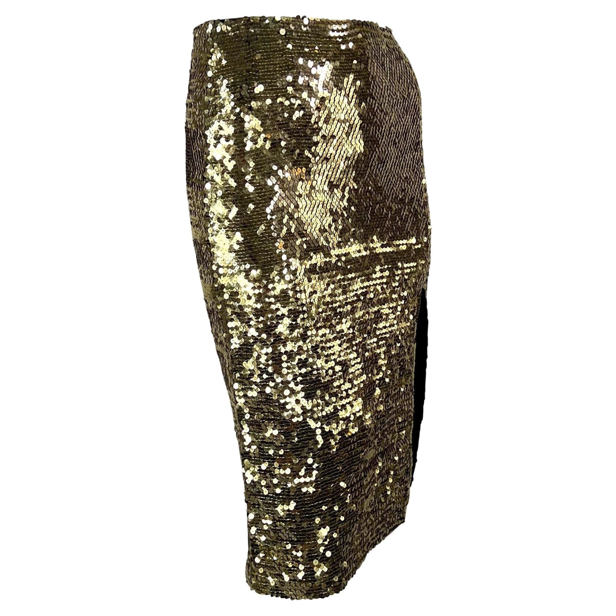 1990s John Galliano Gold Sequin Slit Bodycon Pencil Skirt - RealList
