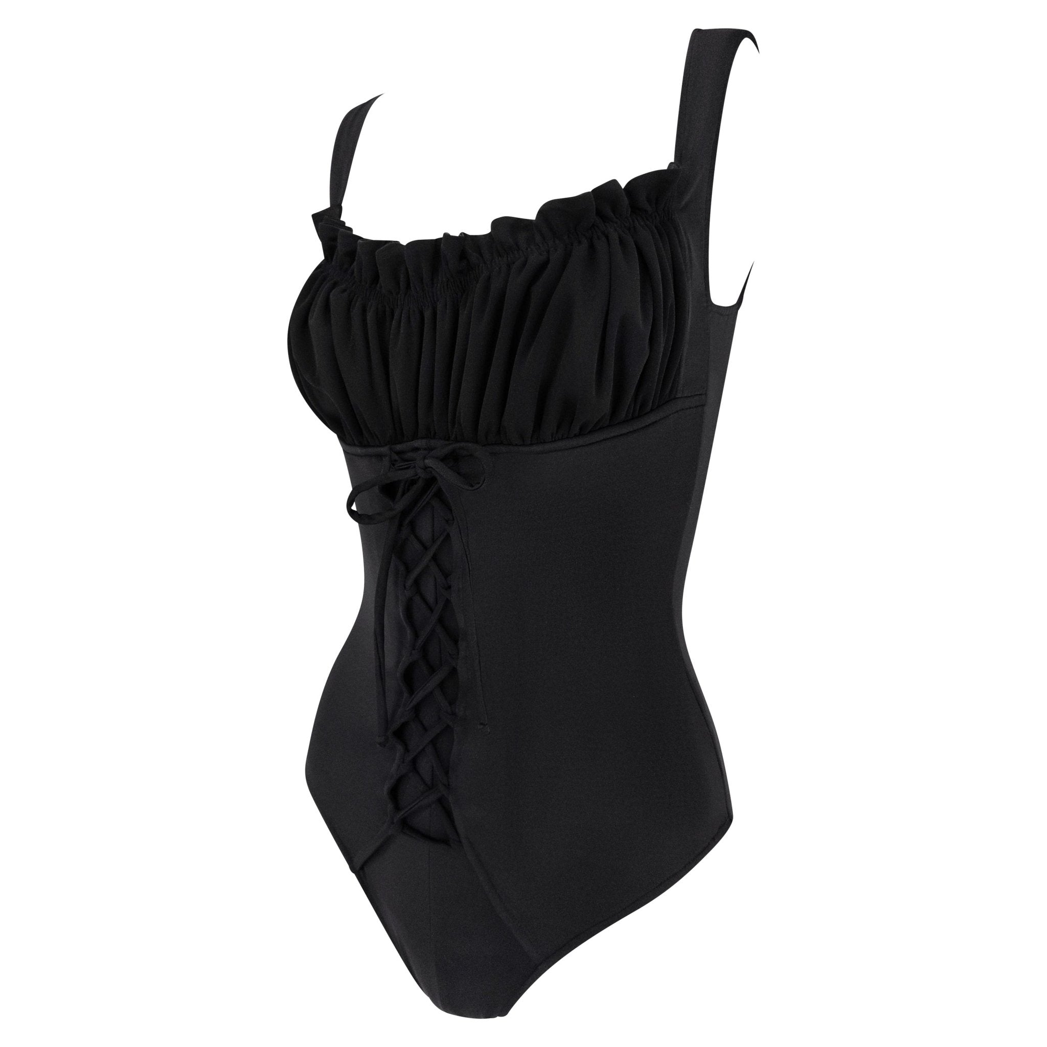 1990s Norma Kamali Black Lace - Up Ruffled One - Piece Swimsuit - RealList