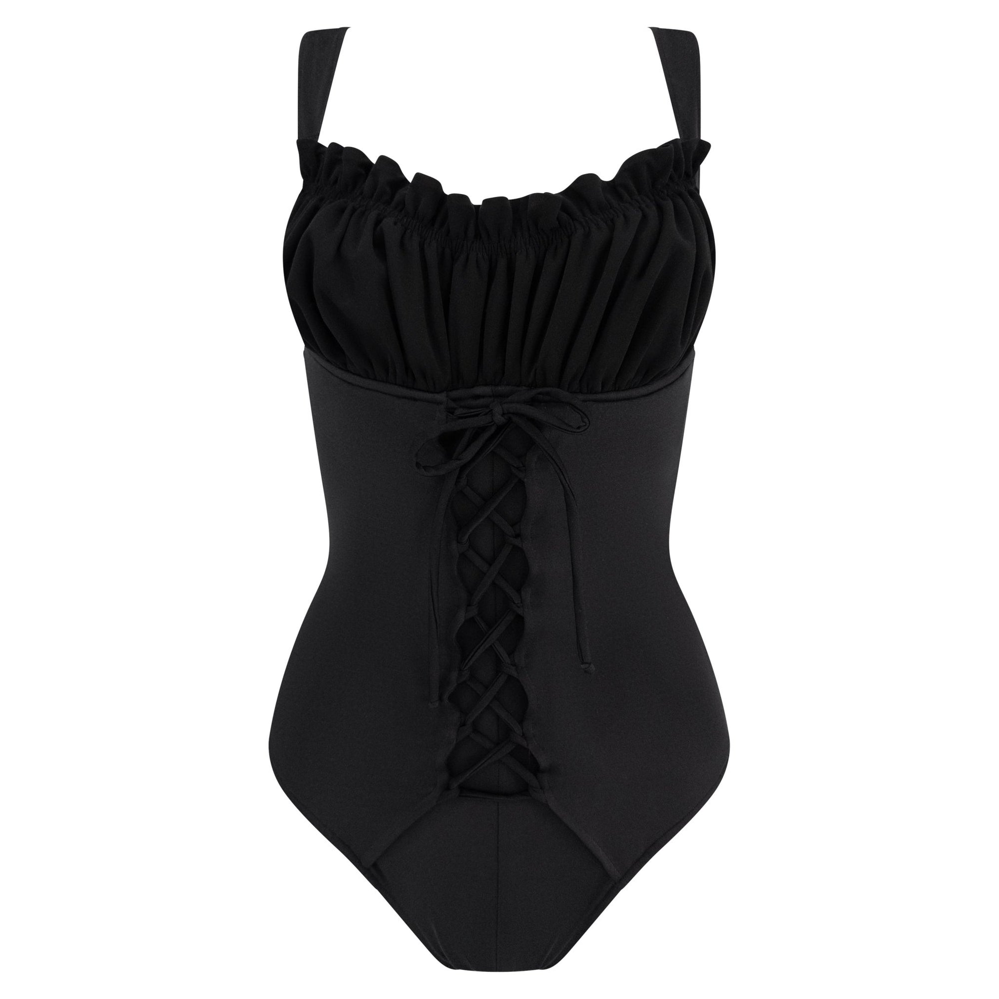 1990s Norma Kamali Black Lace - Up Ruffled One - Piece Swimsuit - RealList