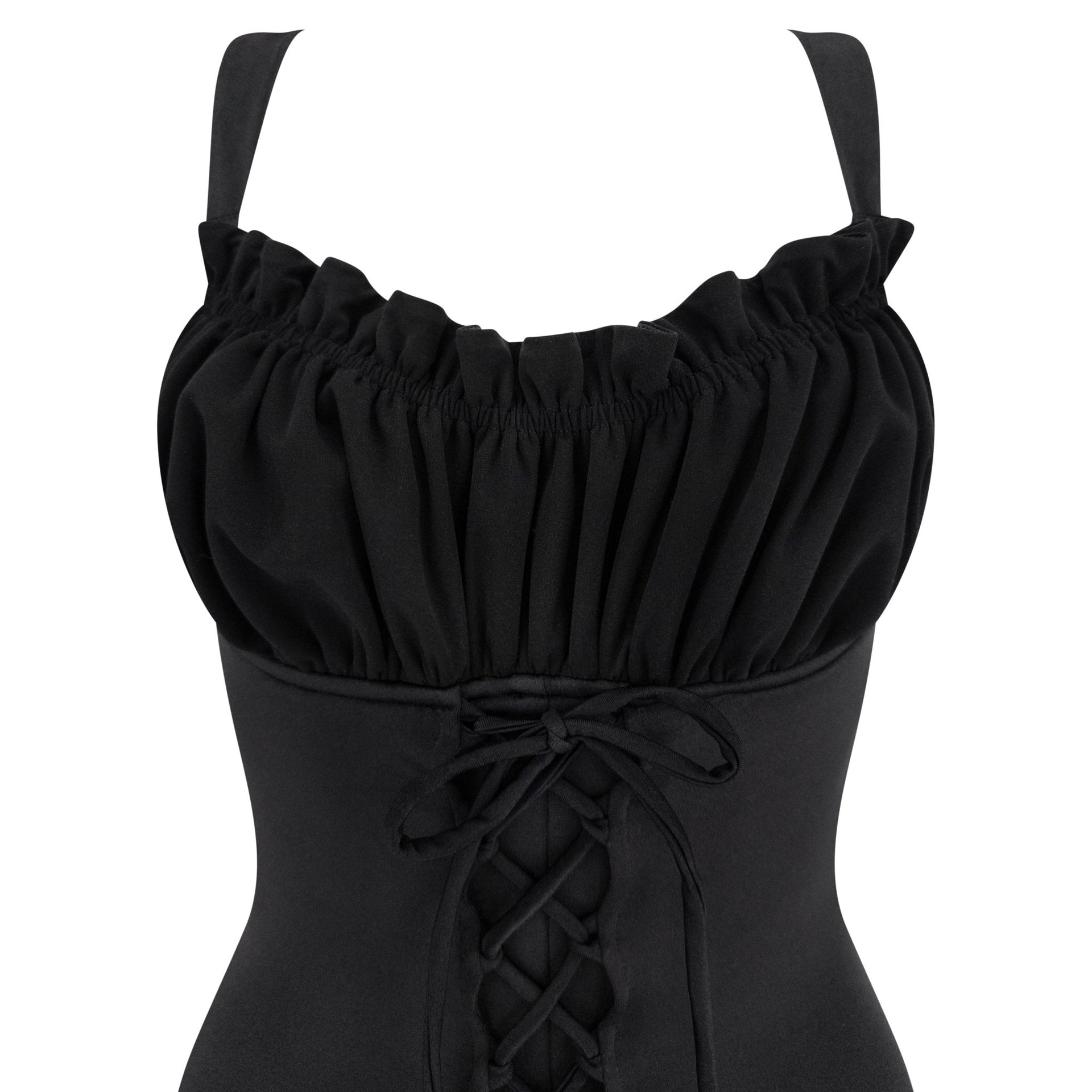 1990s Norma Kamali Black Lace - Up Ruffled One - Piece Swimsuit - RealList