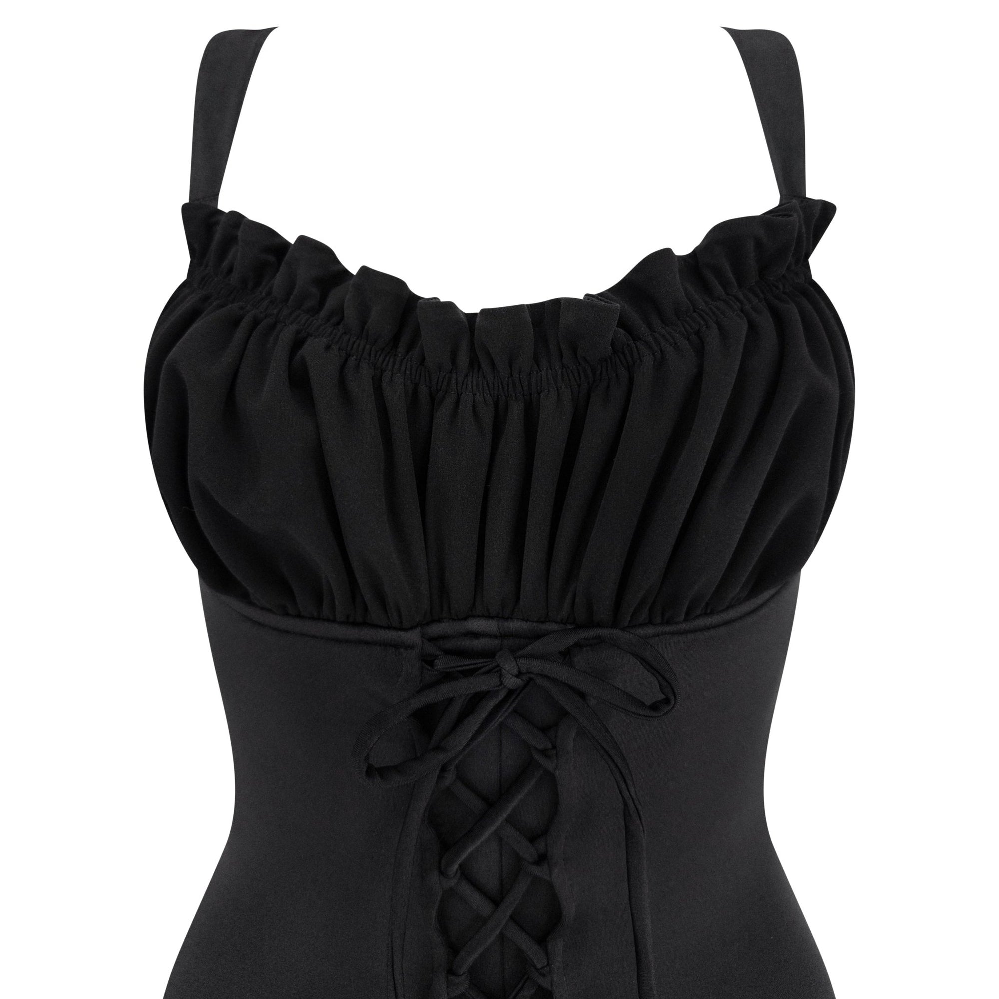 1990s Norma Kamali Black Lace - Up Ruffled One - Piece Swimsuit - RealList