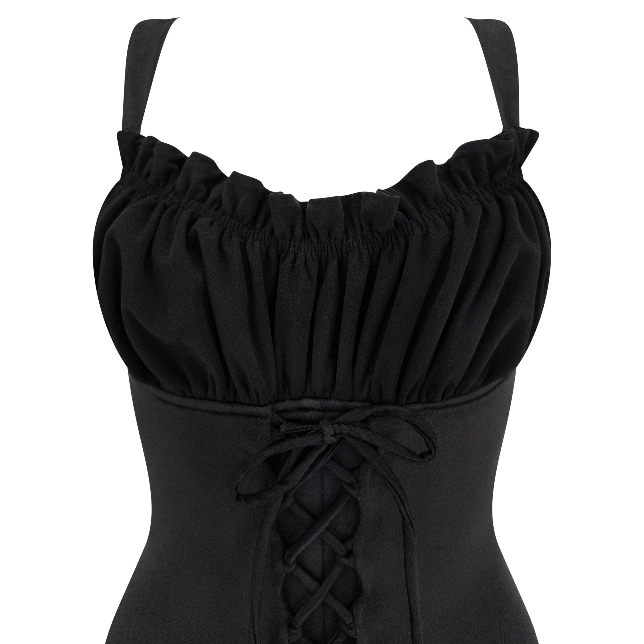 1990s Norma Kamali Black Lace - Up Ruffled One - Piece Swimsuit - RealList