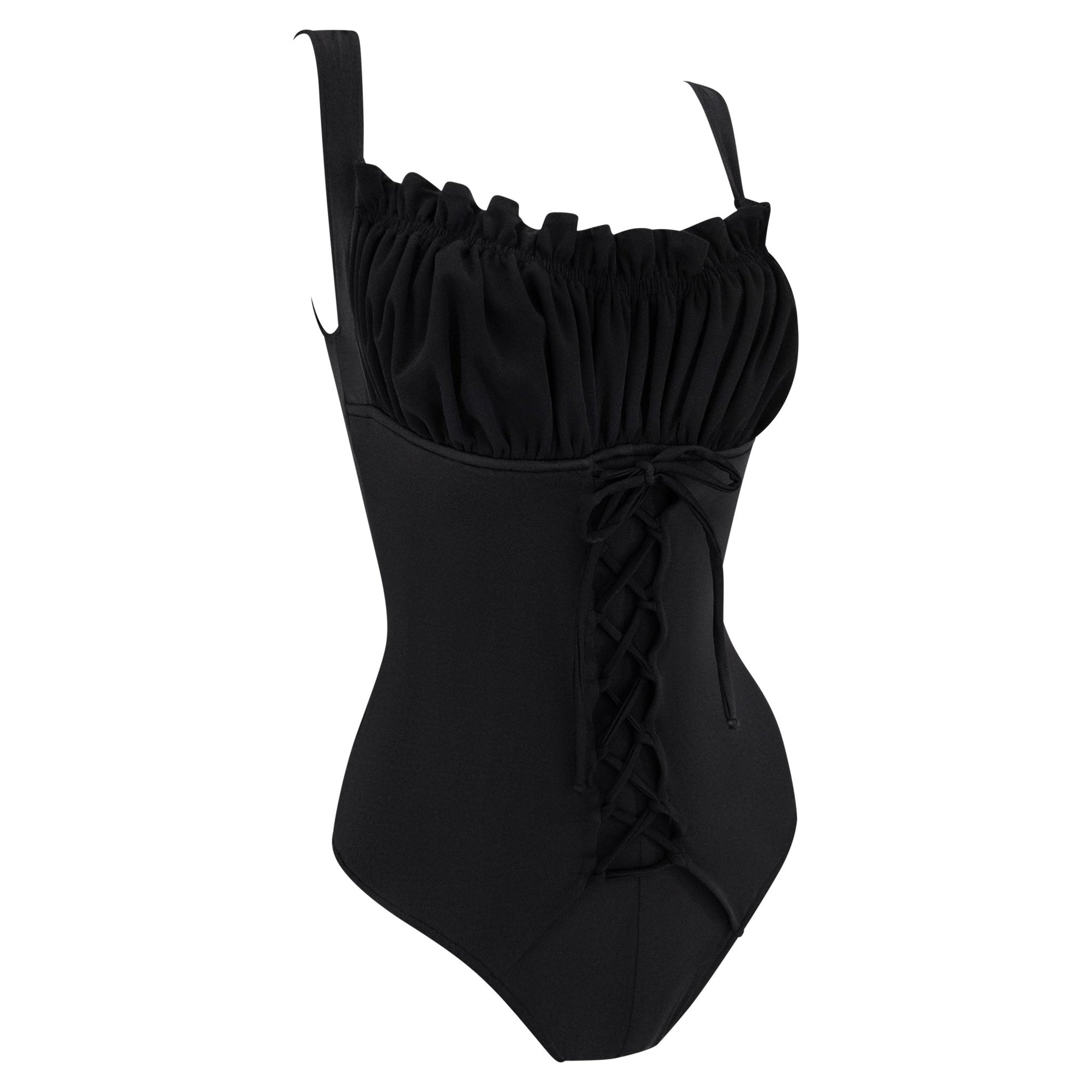 1990s Norma Kamali Black Lace - Up Ruffled One - Piece Swimsuit - RealList