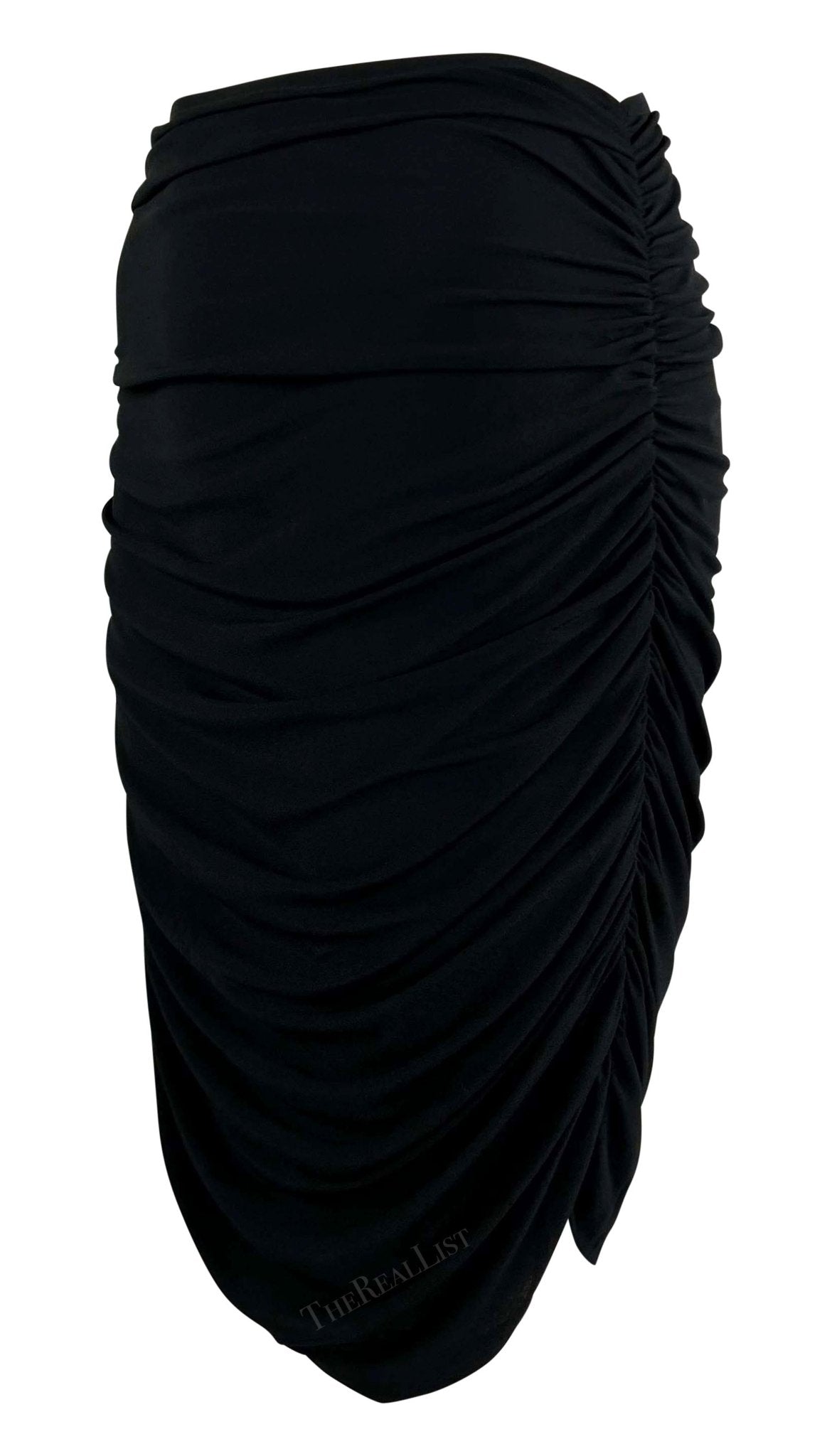 1990s Norma Kamali Black Ruched Stretch Bodycon Skirt - RealList