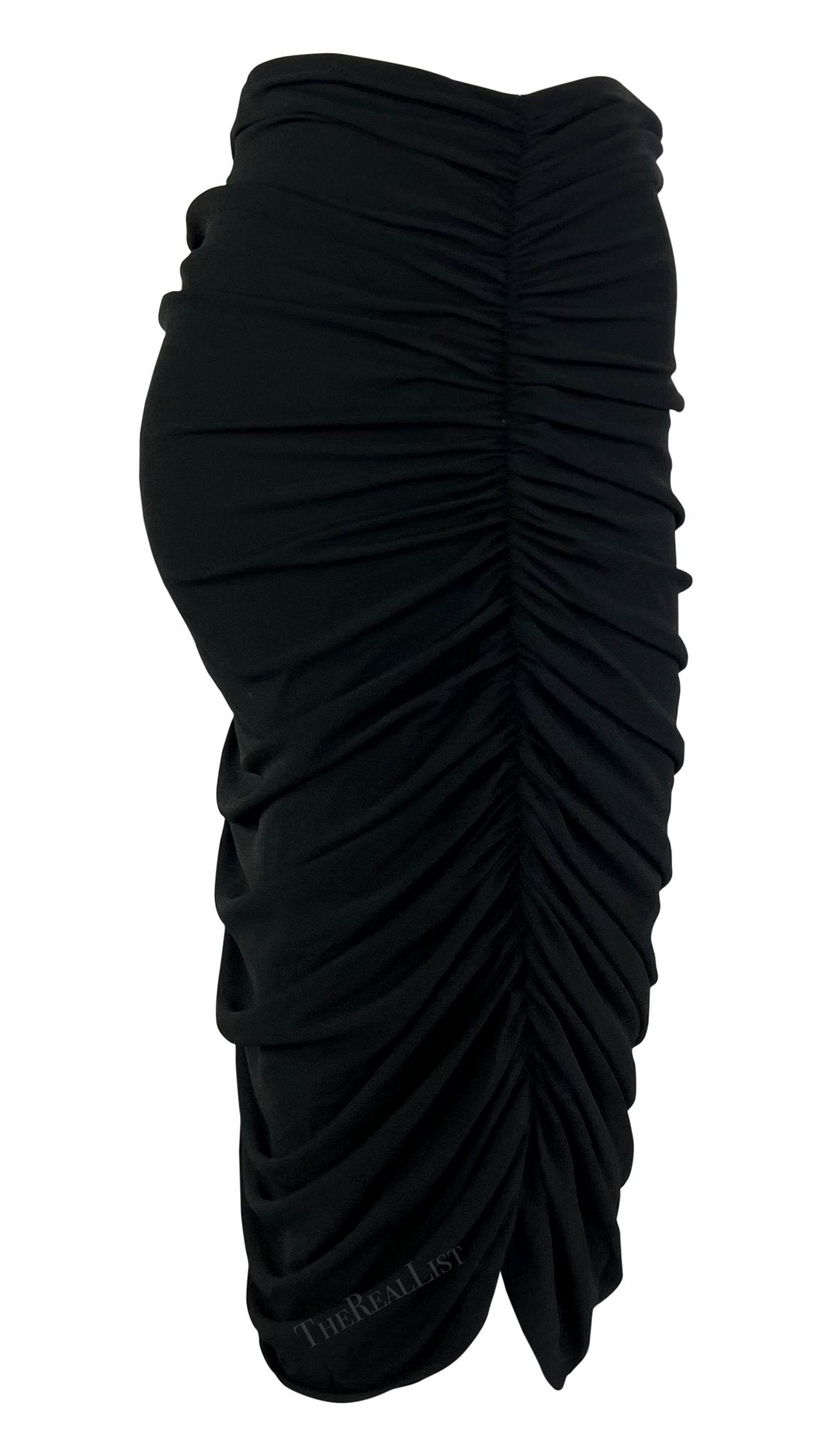 1990s Norma Kamali Black Ruched Stretch Bodycon Skirt - RealList