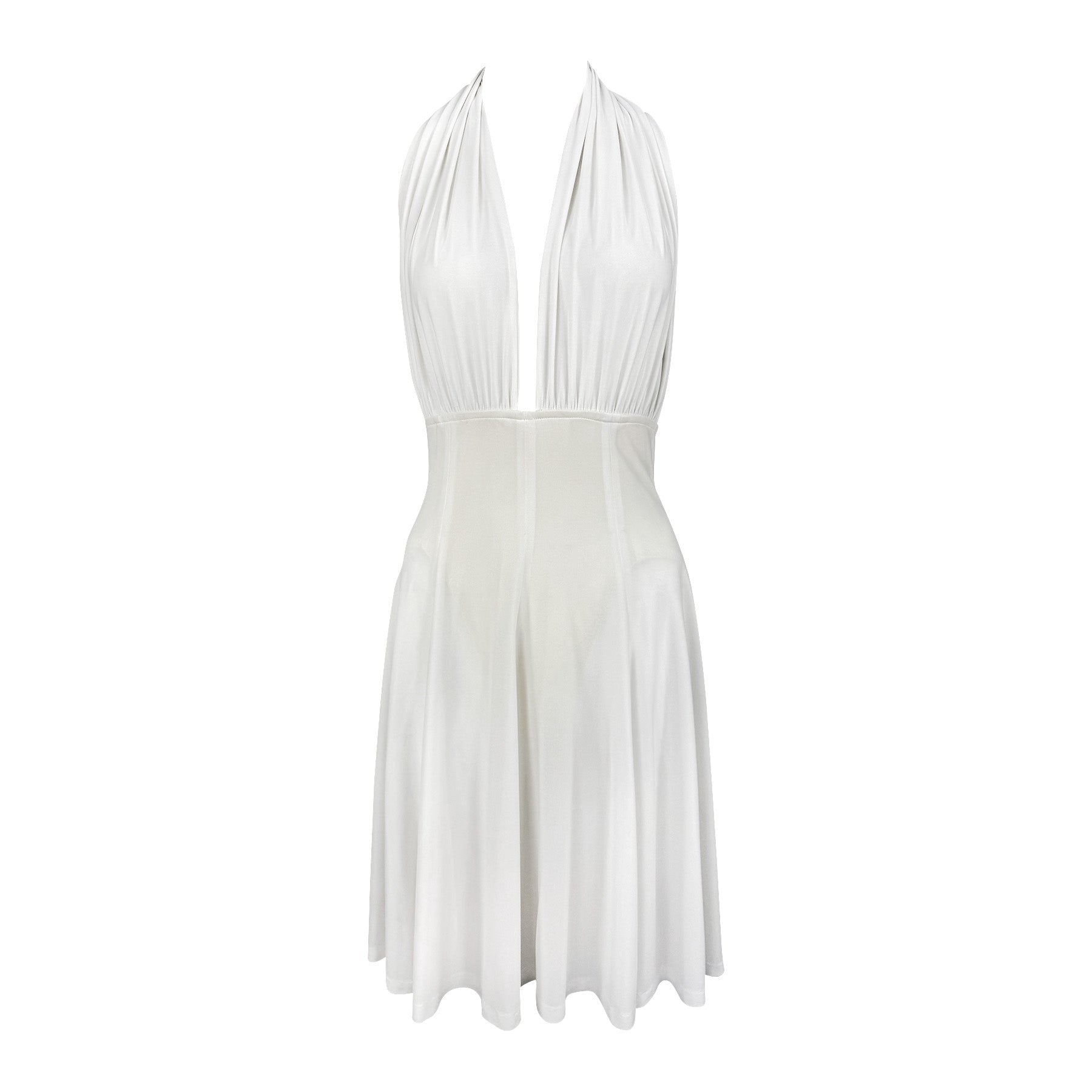 1990s Norma Kamali Plunging White Marilyn Monroe Style Flared Halter Dress - RealList
