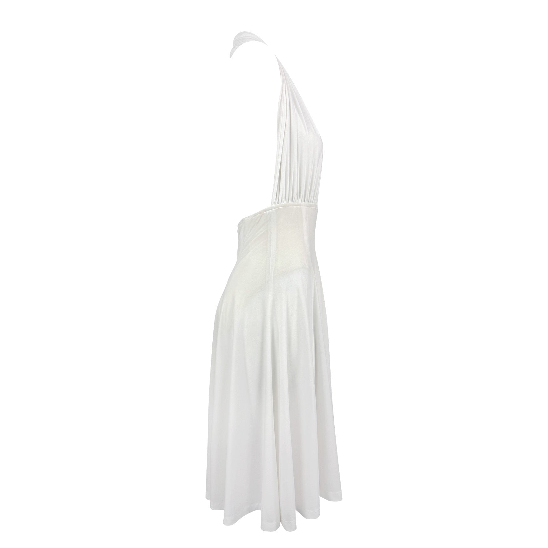 1990s Norma Kamali Plunging White Marilyn Monroe Style Flared Halter Dress - RealList
