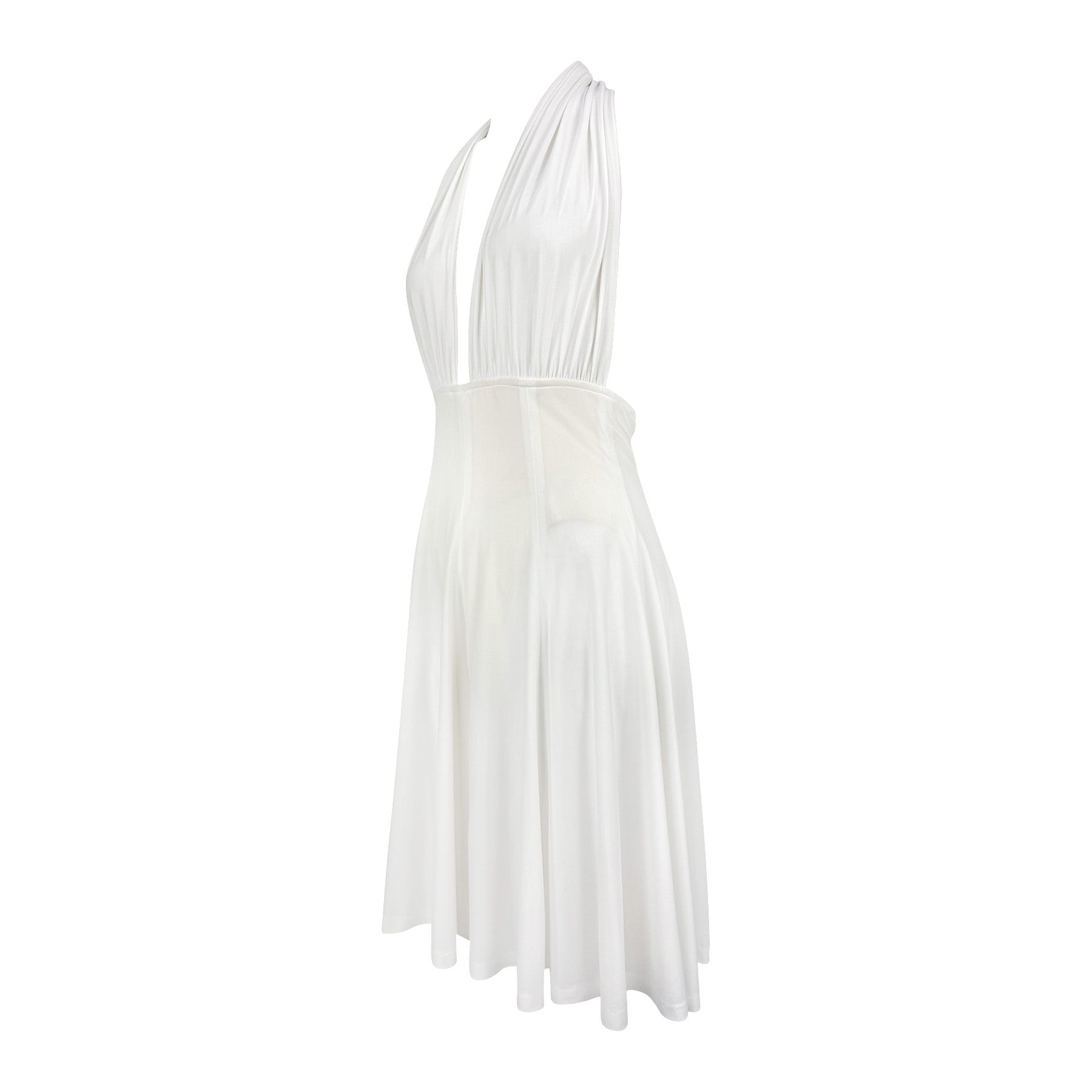 1990s Norma Kamali Plunging White Marilyn Monroe Style Flared Halter Dress - RealList