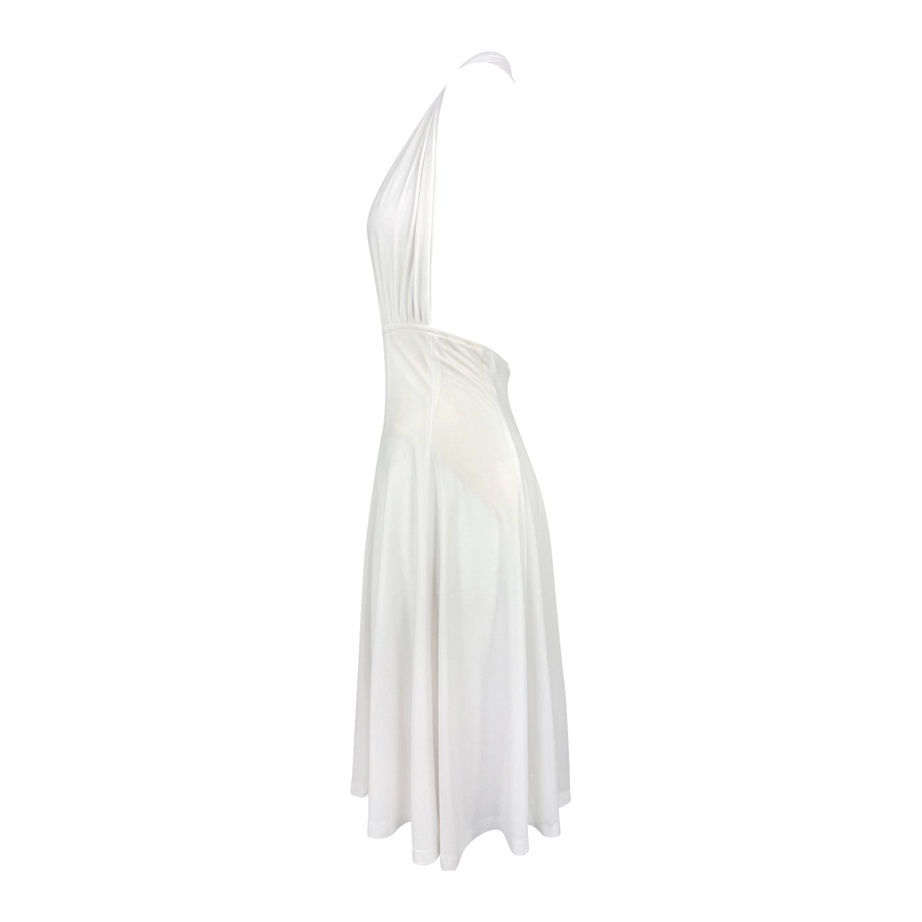 1990s Norma Kamali Plunging White Marilyn Monroe Style Flared Halter Dress - RealList