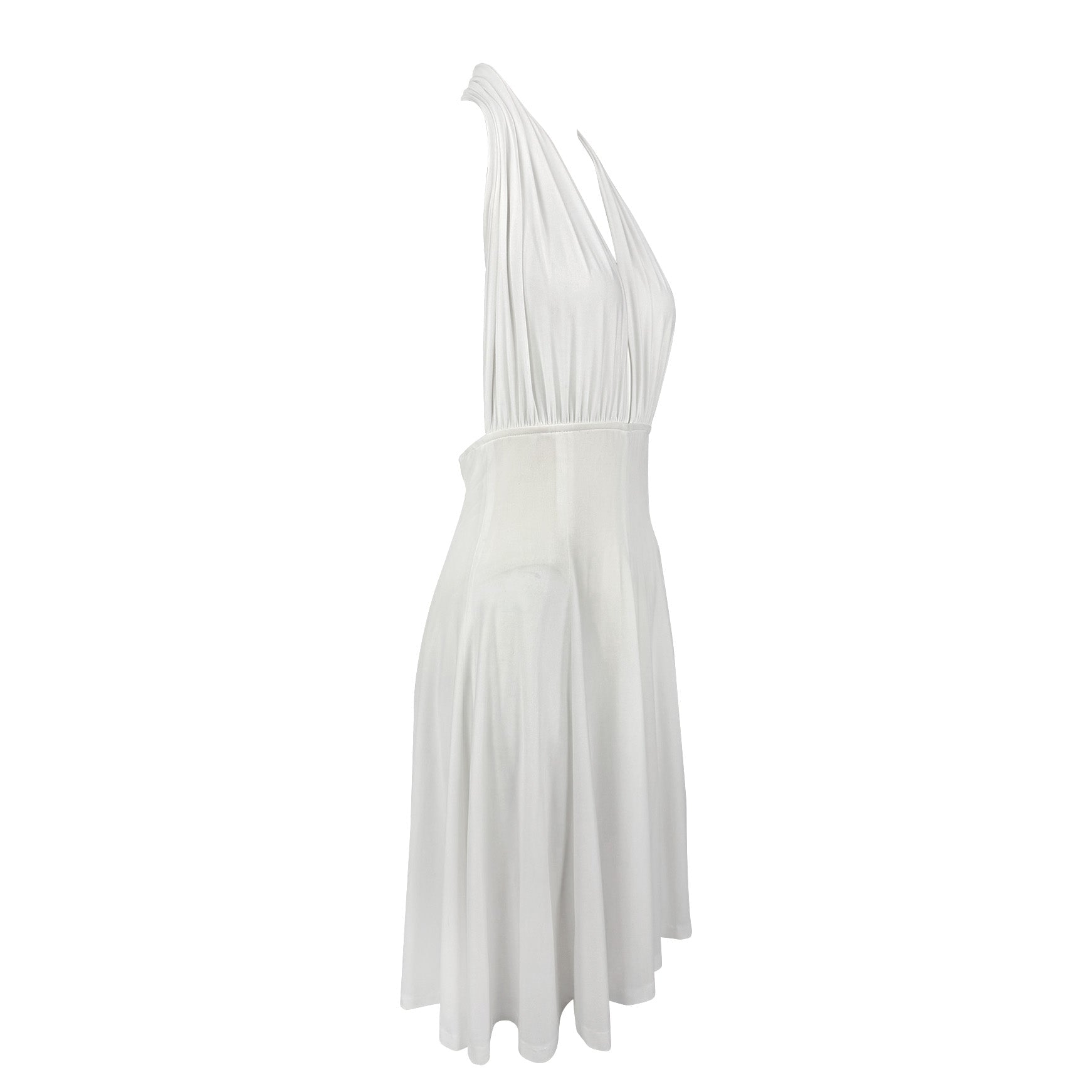 1990s Norma Kamali Plunging White Marilyn Monroe Style Flared Halter Dress - RealList