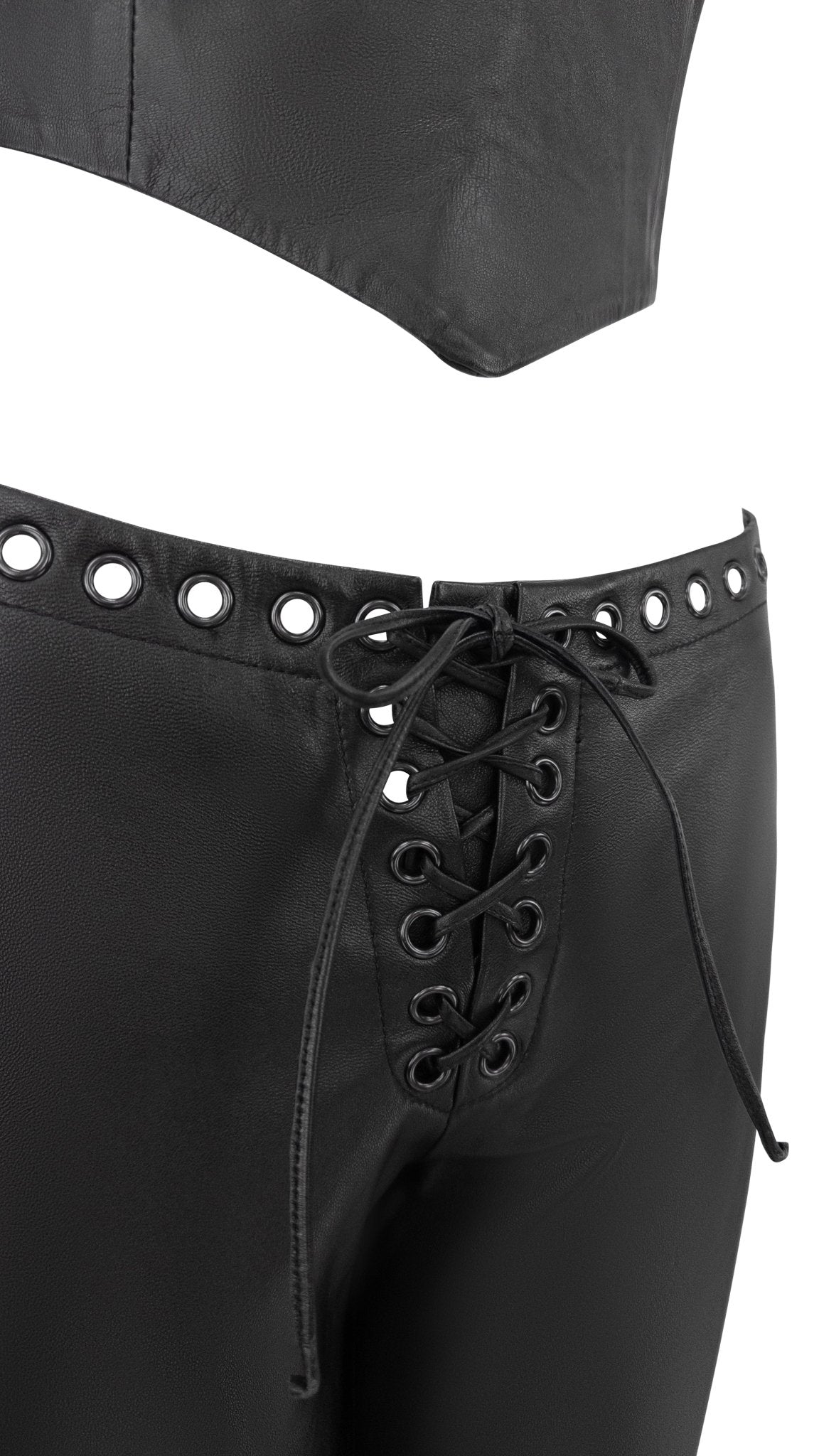 1990s North Beach Leather Black Leather Eyelet Crop Top Pant Set - RealList