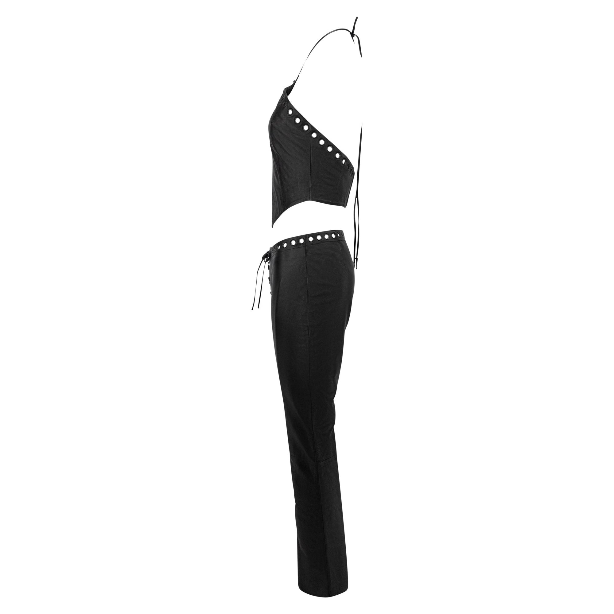 1990s North Beach Leather Black Leather Eyelet Crop Top Pant Set - RealList