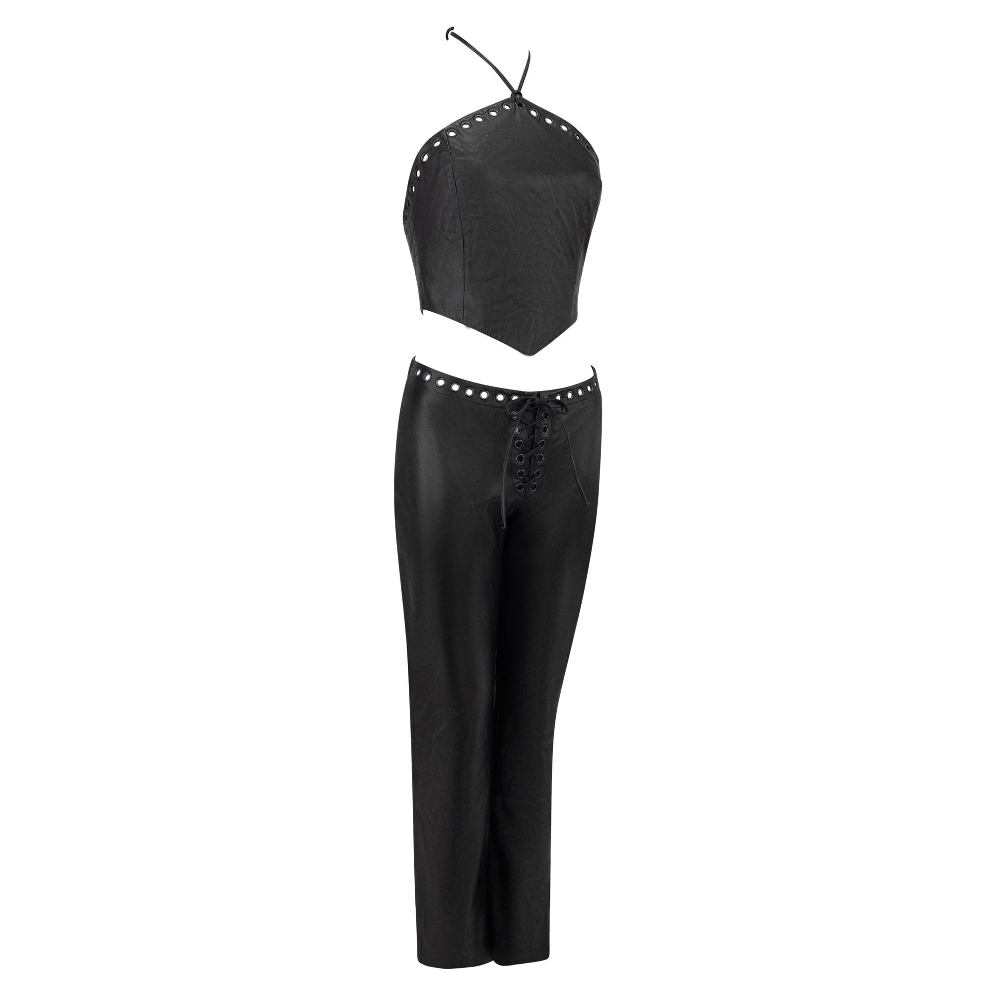 1990s North Beach Leather Black Leather Eyelet Crop Top Pant Set - RealList