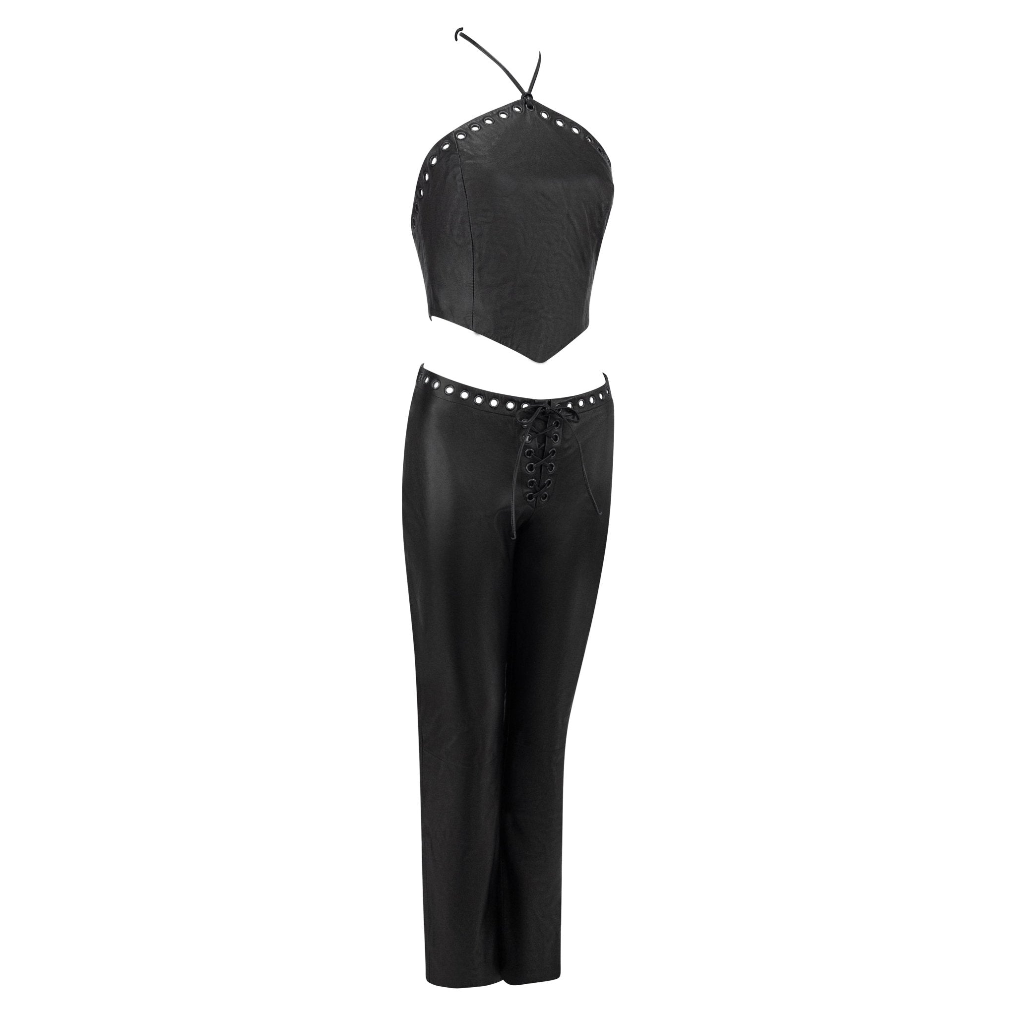 1990s North Beach Leather Black Leather Eyelet Crop Top Pant Set - RealList