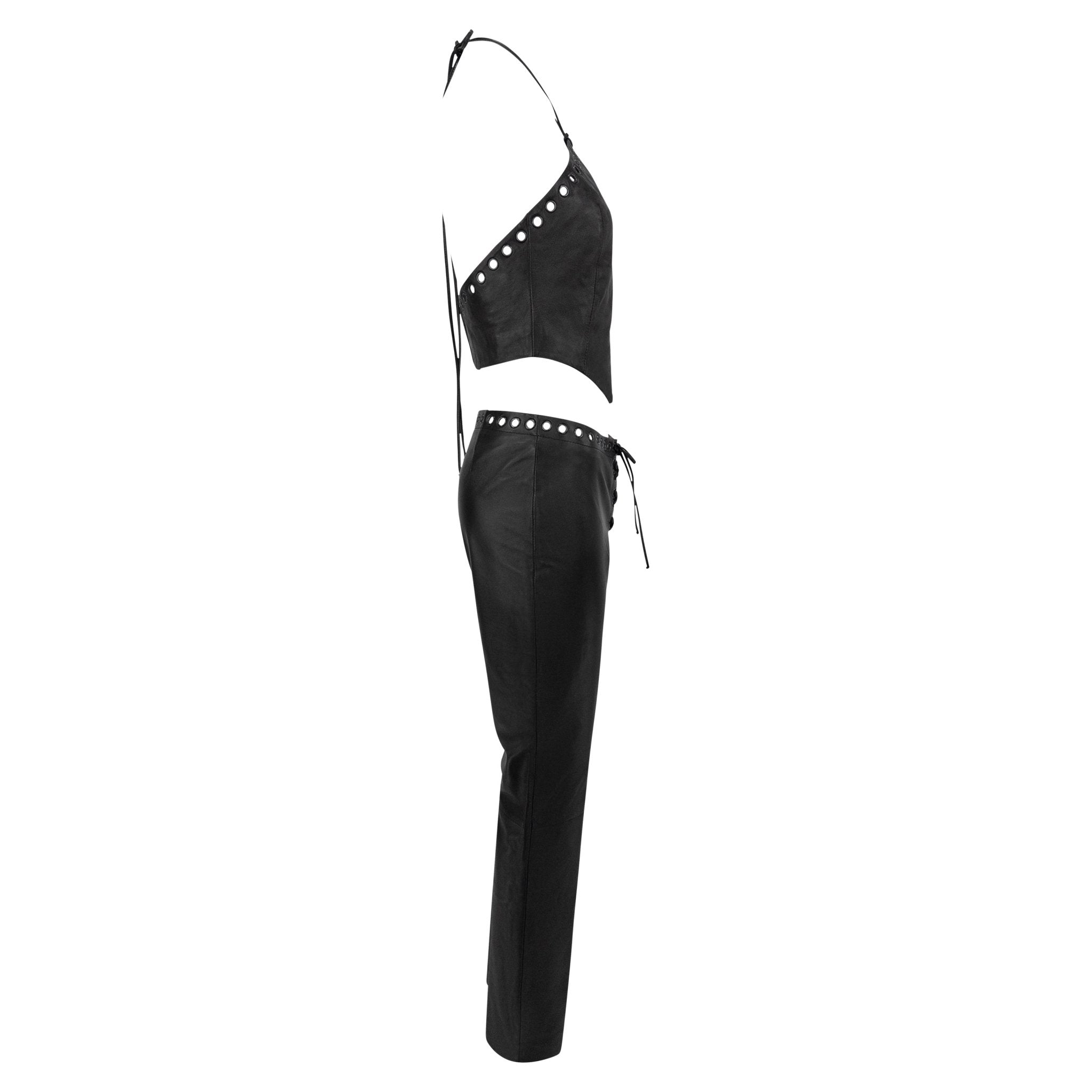 1990s North Beach Leather Black Leather Eyelet Crop Top Pant Set - RealList