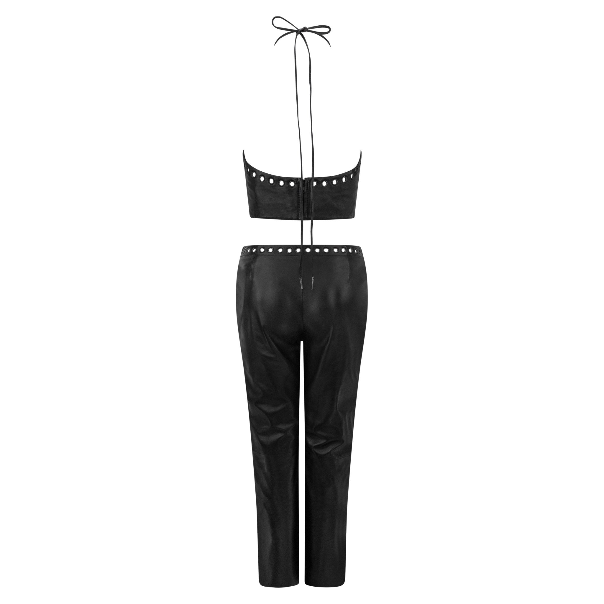 1990s North Beach Leather Black Leather Eyelet Crop Top Pant Set - RealList