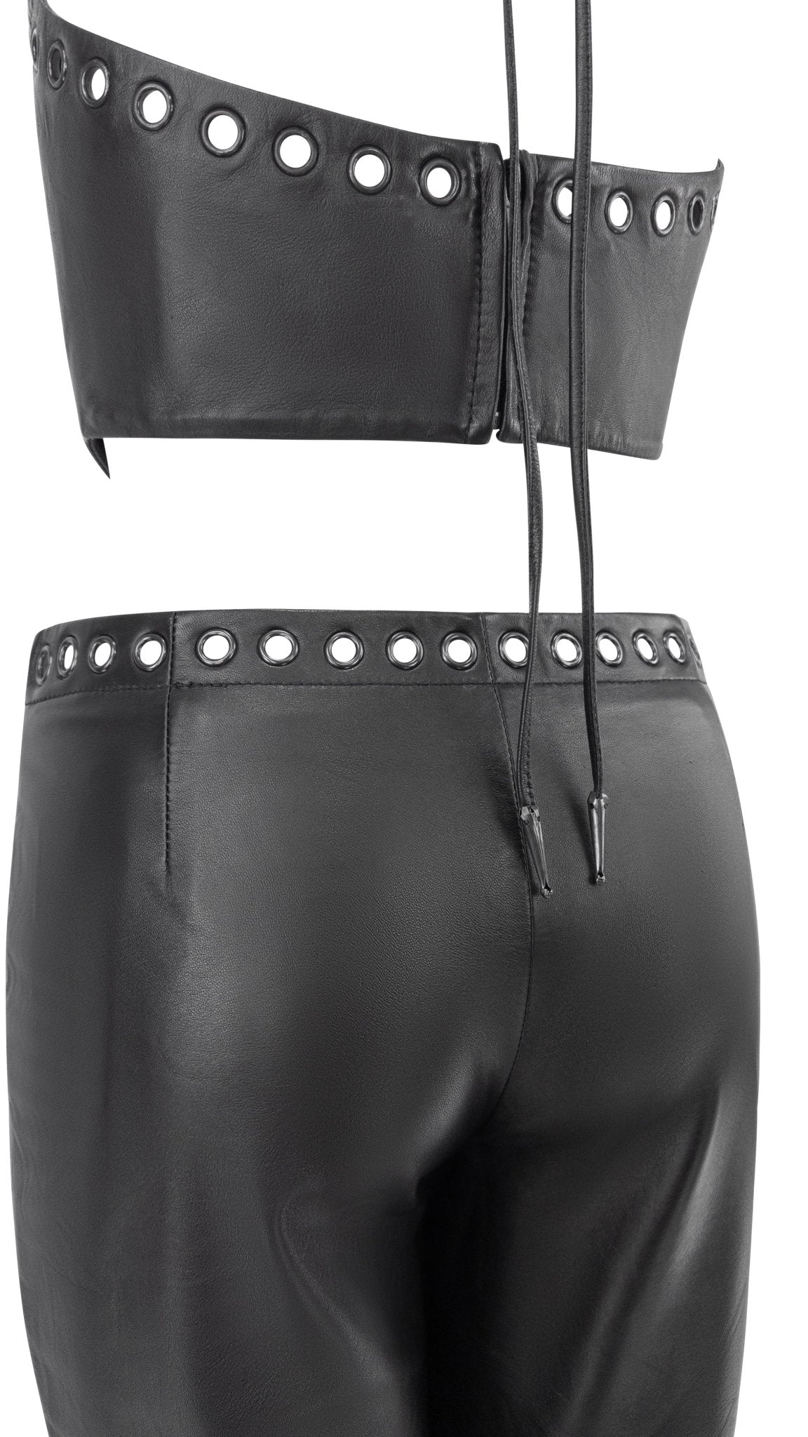 1990s North Beach Leather Black Leather Eyelet Crop Top Pant Set - RealList