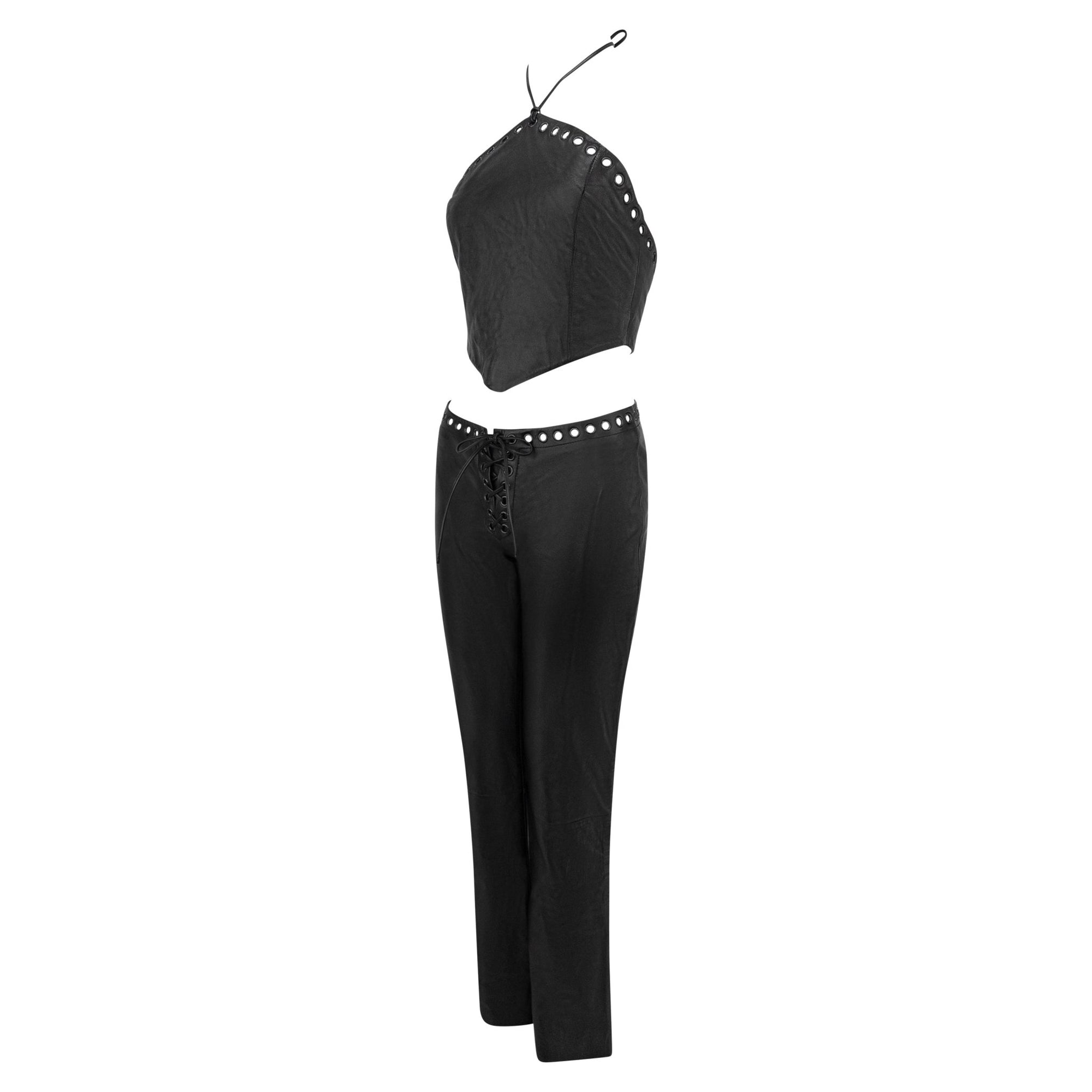 1990s North Beach Leather Black Leather Eyelet Crop Top Pant Set - RealList