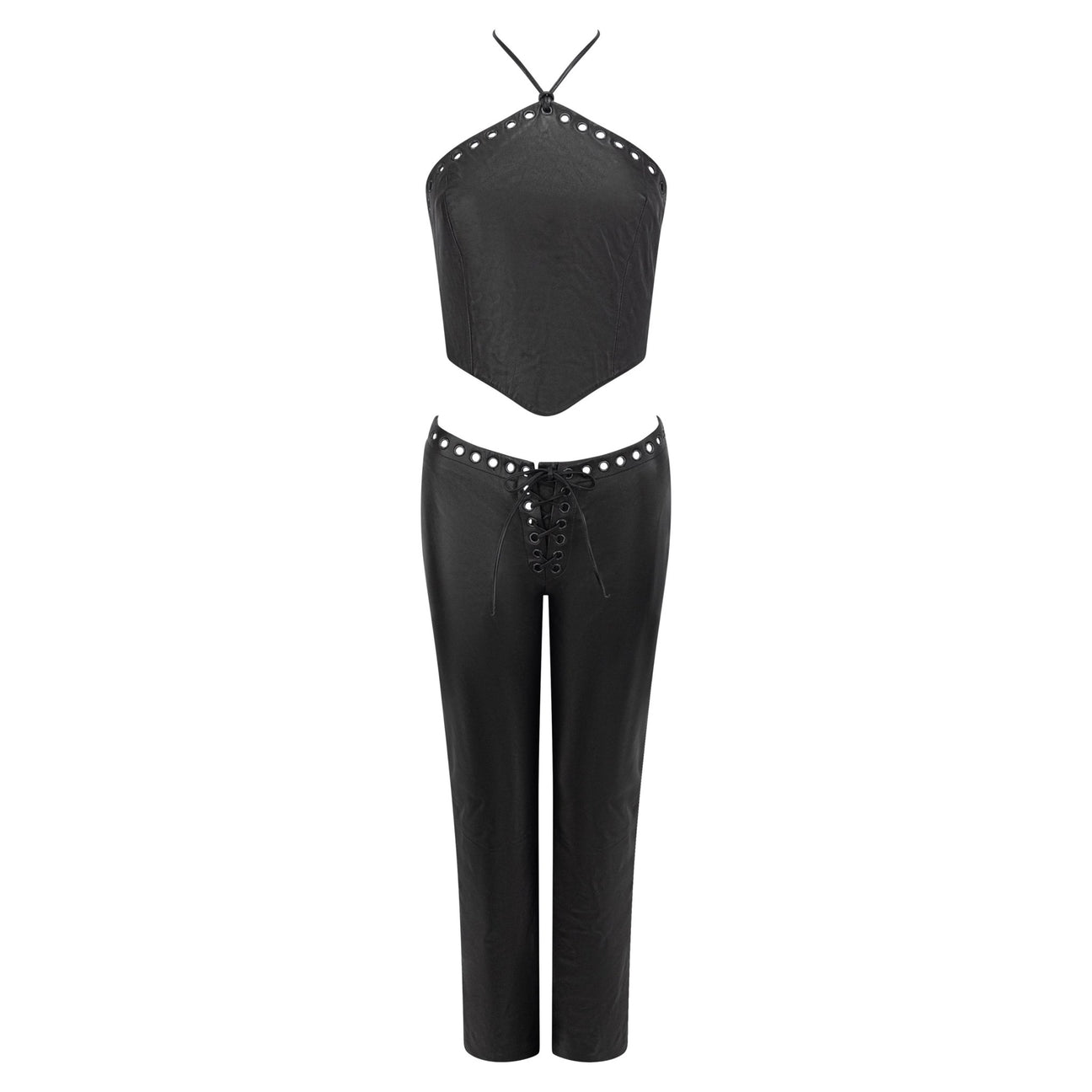 1990s North Beach Leather Black Leather Eyelet Crop Top Pant Set - RealList